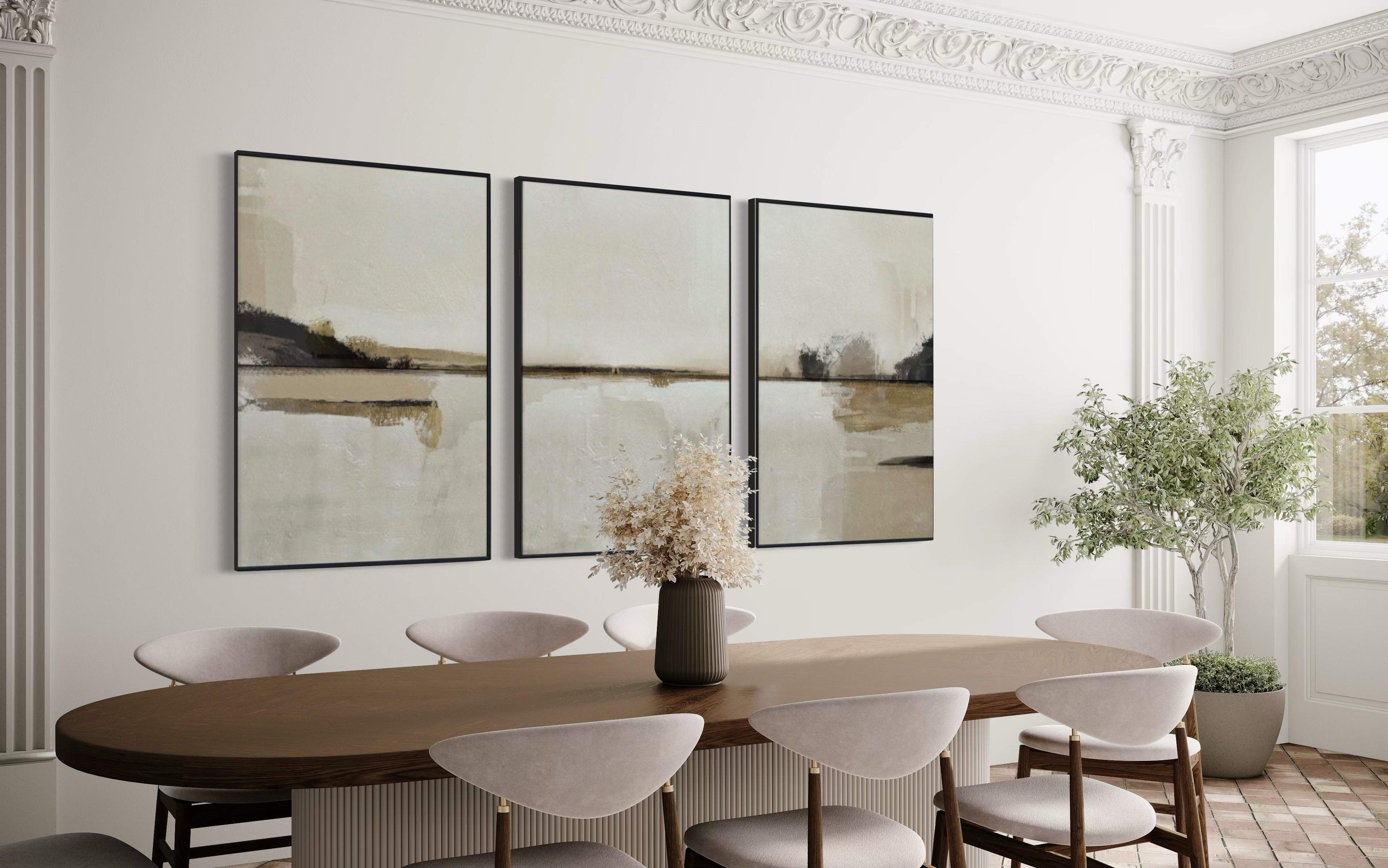 Set Cuadros Decorativos Abstracto Negro Arena 2 - 216 - Triptico Moderno y Elegante Arte Minimalista Estilo Nordico Tonos Neutros