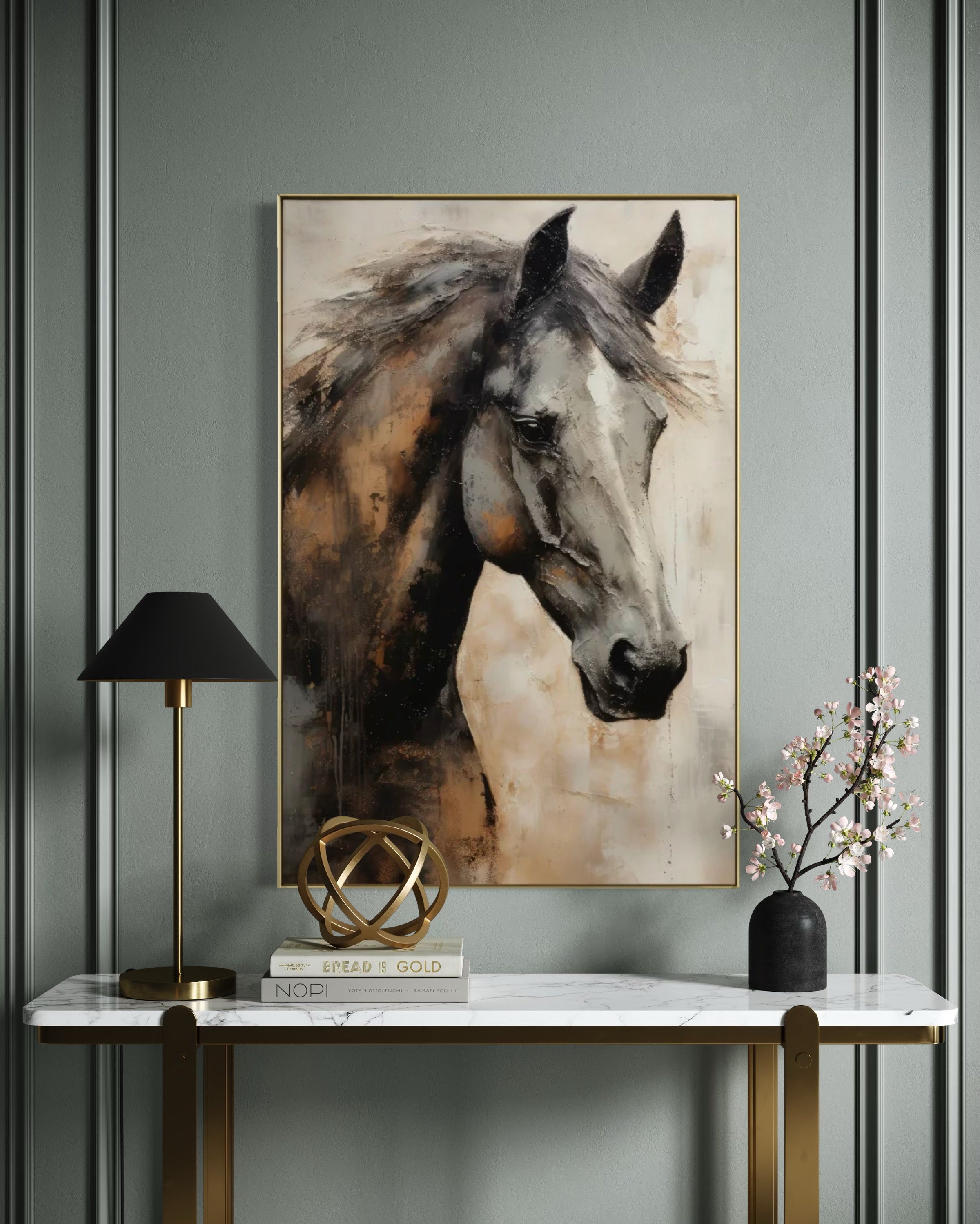 Cuadro Decorativo Abstracto Negro Arena 2 - 207 Caballo Estilo Nordico Arte Moderno en Tonos Neutros, Beige, Terracota, Negro y Gris