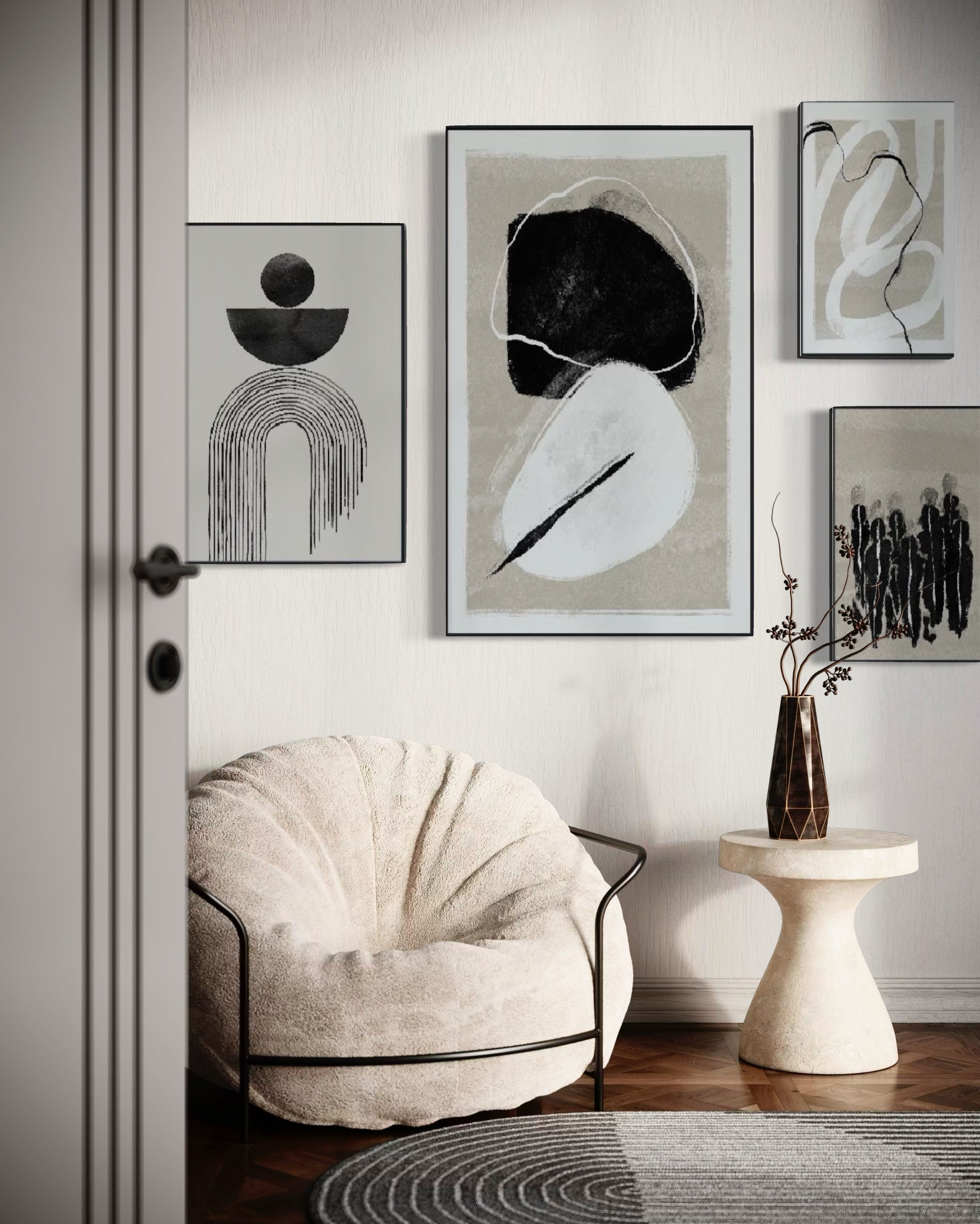 Set Cuadros Decorativos Abstracto Negro Arena 2 - 226B - 4piezas Arte Moderno y Elegante Estilo Nordico Boho en Tonos Neutros