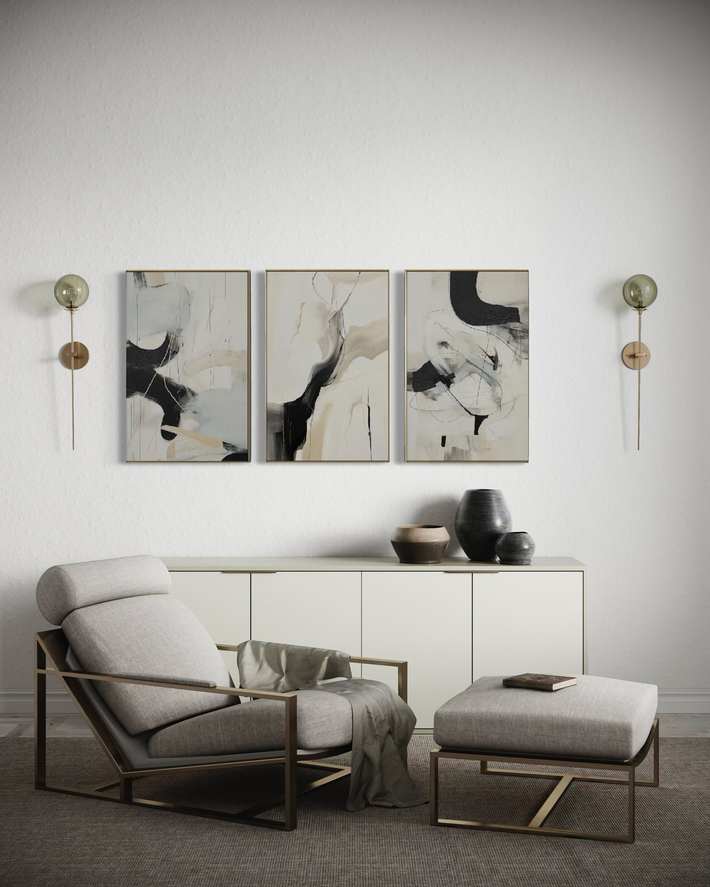 Set de 3 Cuadros Decorativos Abstracto Negro Arena 2 - 221 - Triptico Moderno y Minimalista Arte Elegante Estilo Nordico Tonos Neutros