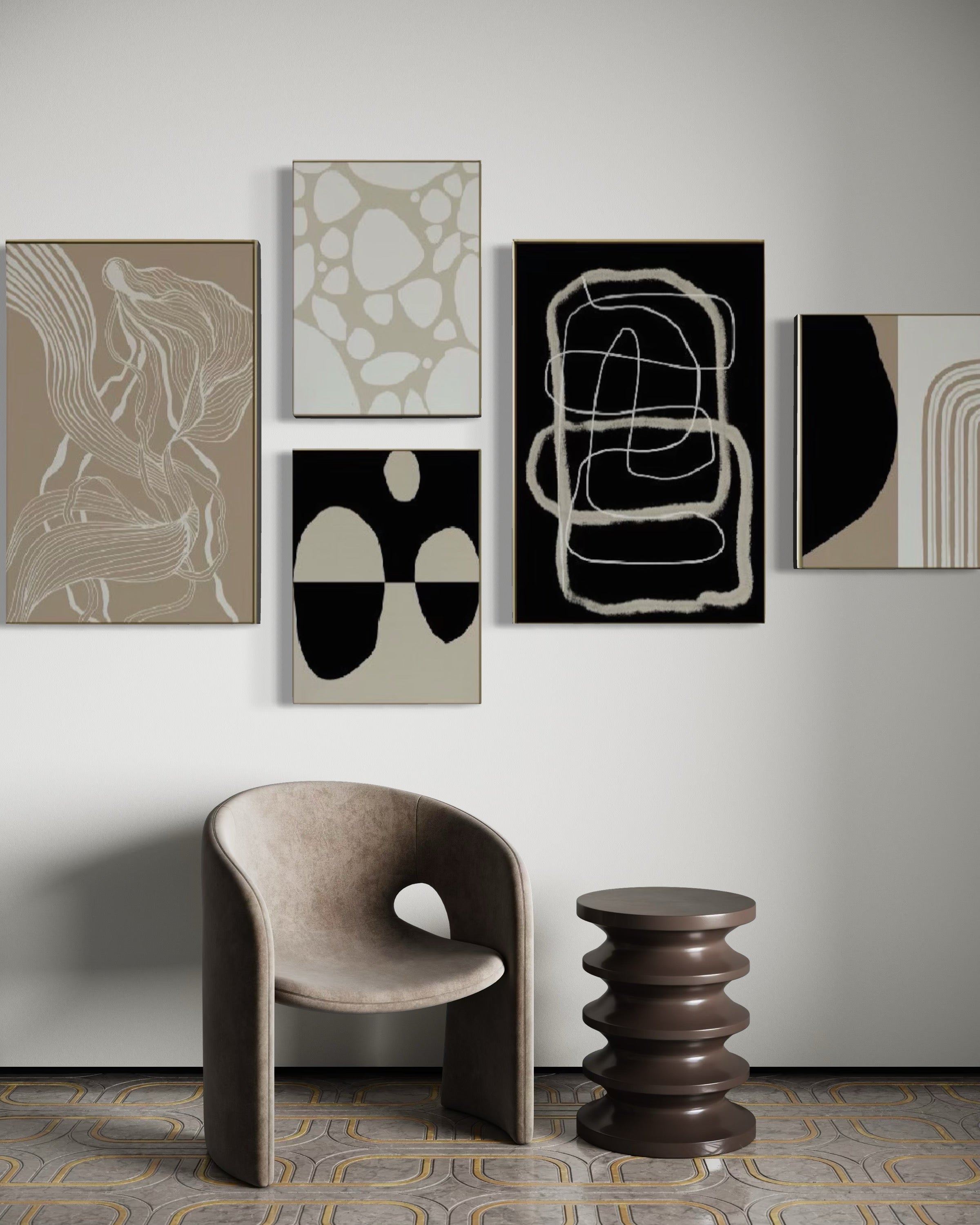 Set Cuadros Decorativos Abstracto Negro Arena 2 - 230A- 5piezas Arte Moderno Estilo Nordico Tonos Neutros