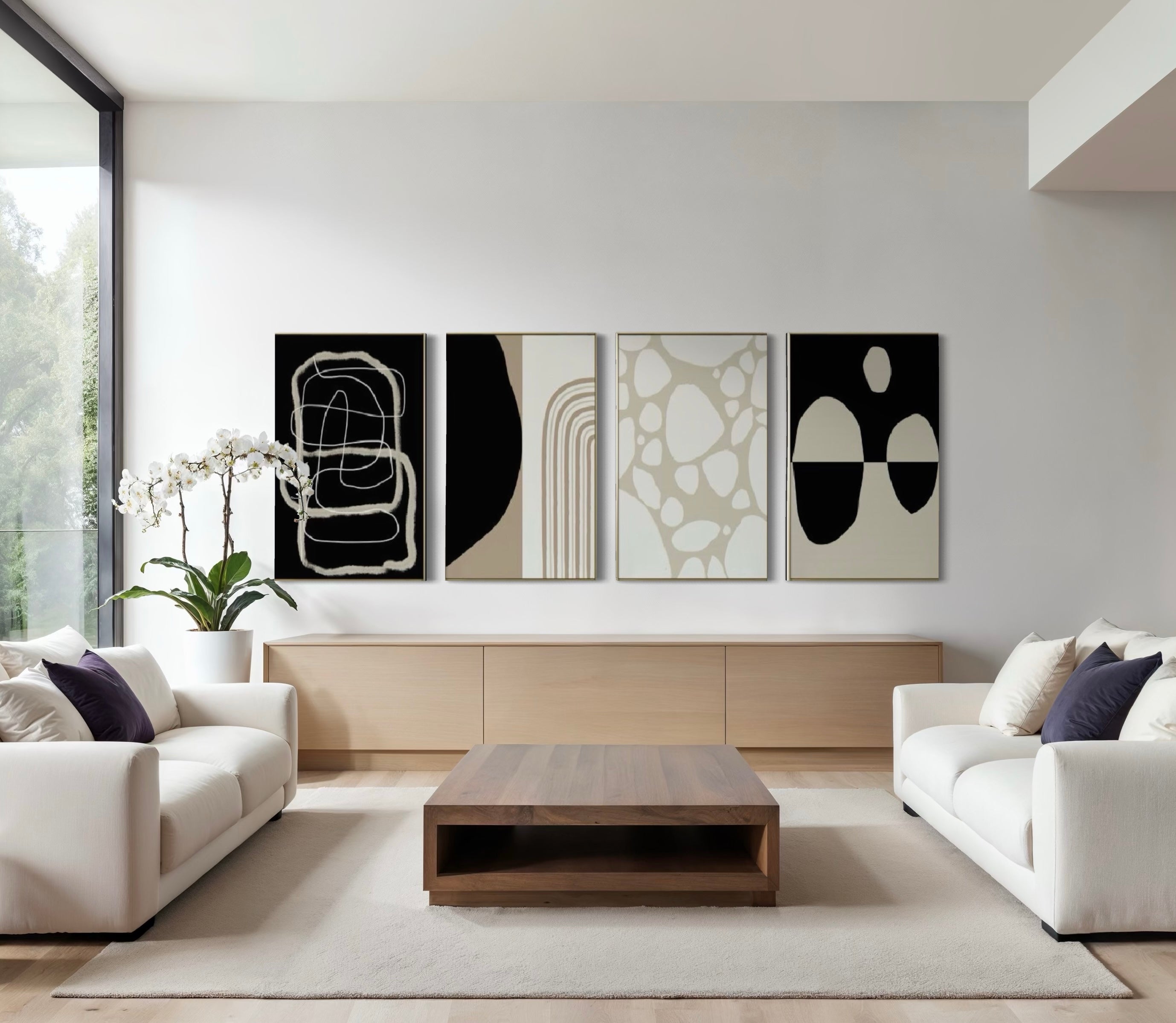 Set Cuadros Decorativos Abstracto Negro Arena 2 - 230 C - 4piezas Arte Moderno y Minimalista Estilo Boho Nordico Tonos Neutros