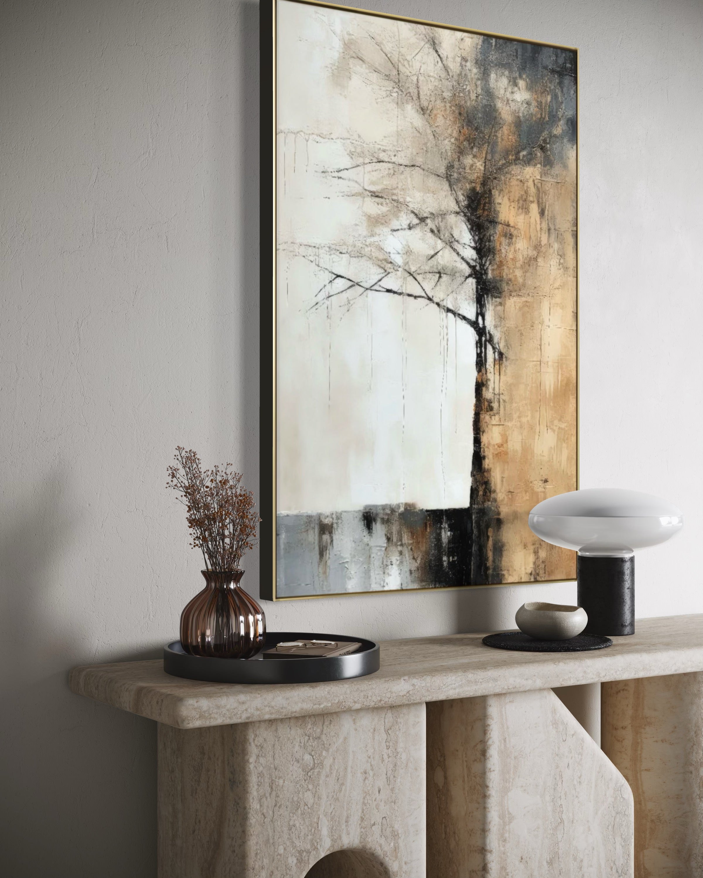 Cuadro Decorativo Abstracto Negro Arena 2-215 Árbol Minimalista y Elegante en Dorado y Tonos Neutros Oro