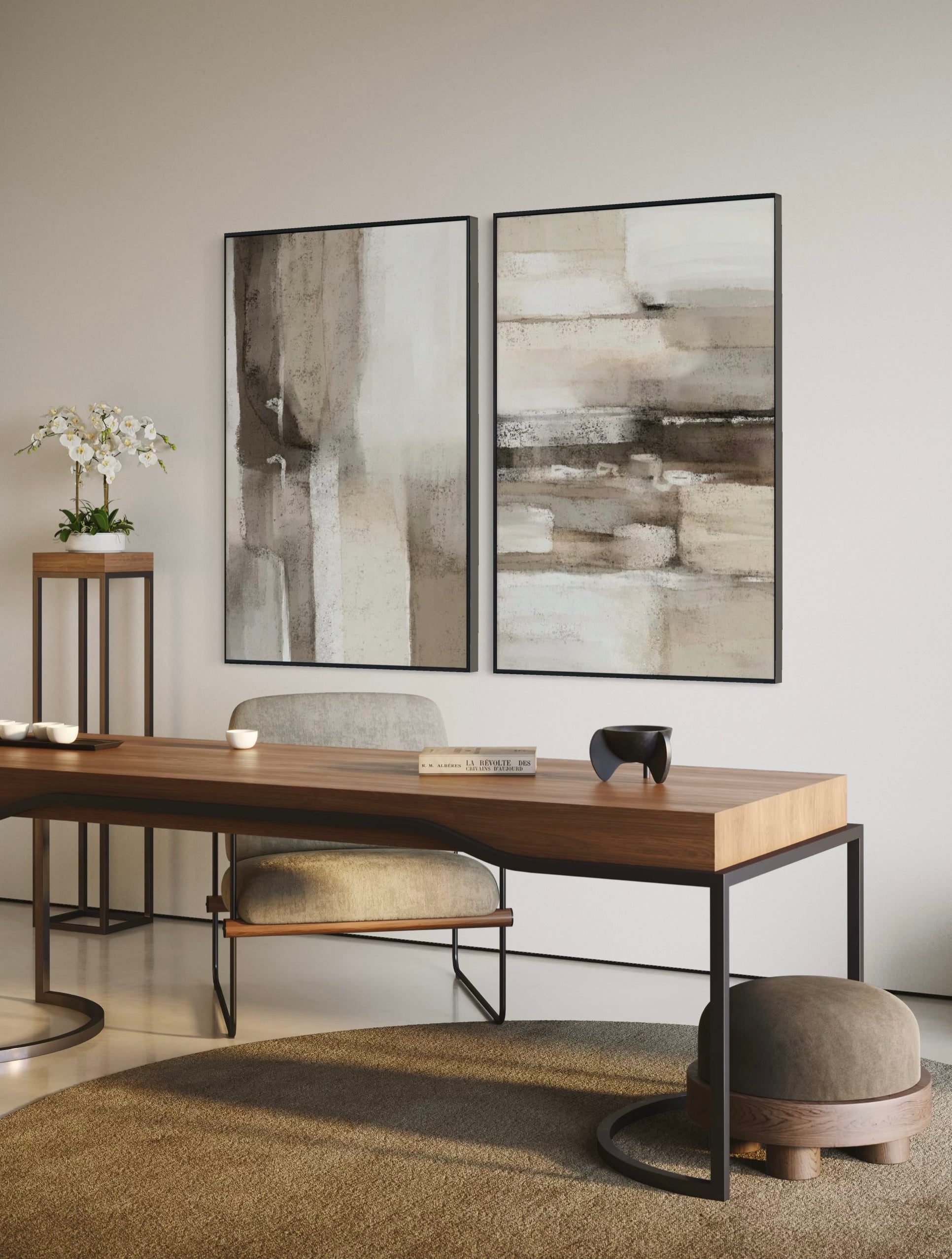 Set Cuadros Decorativos Abstracto Negro Arena 2 - 211 - Diptico en Tonos Tierra Colores Neutros Arte Moderno y Minimalista Estilo Nordico