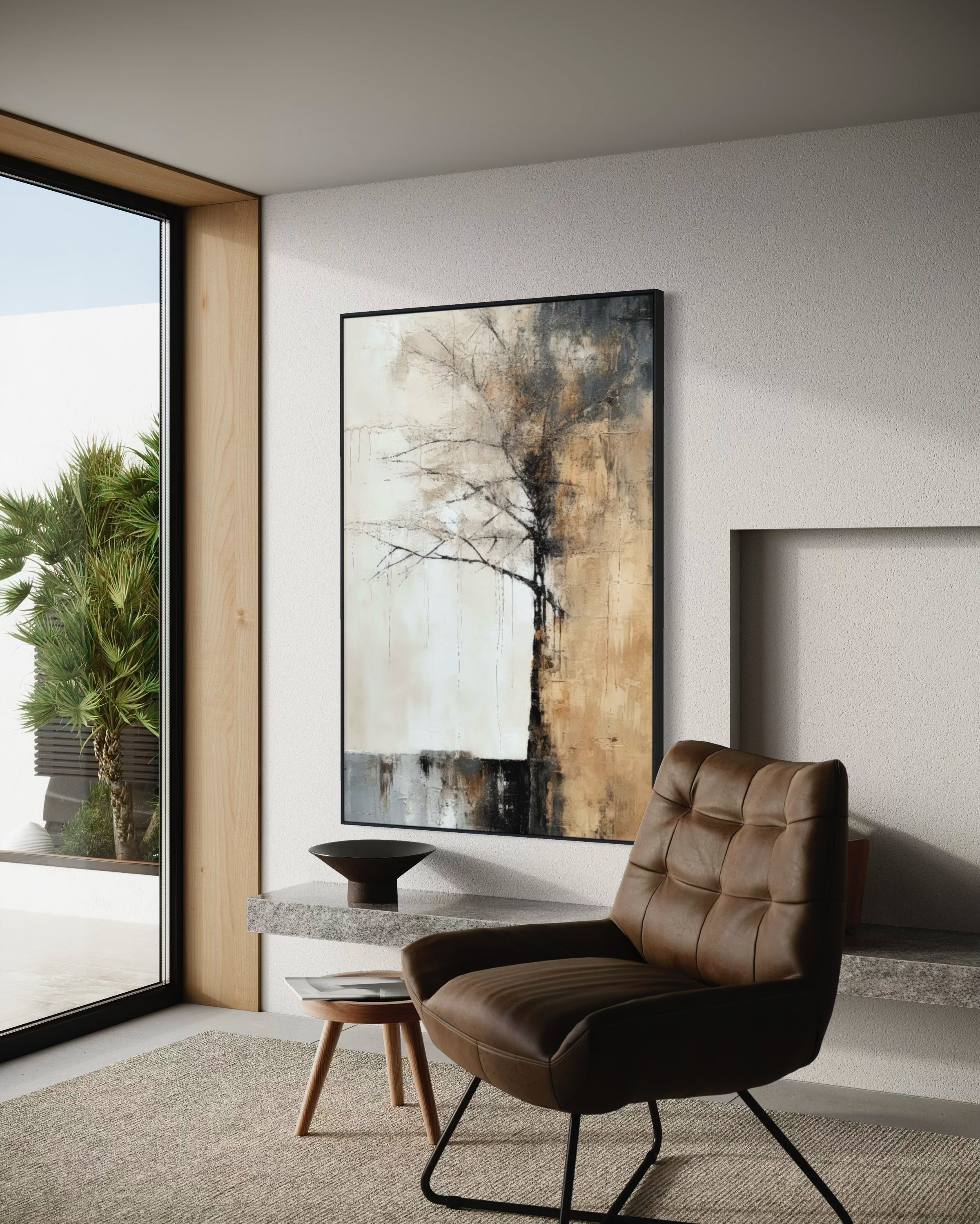 Cuadro Decorativo Abstracto Negro Arena 2-215 Árbol Minimalista y Elegante en Dorado y Tonos Neutros Oro