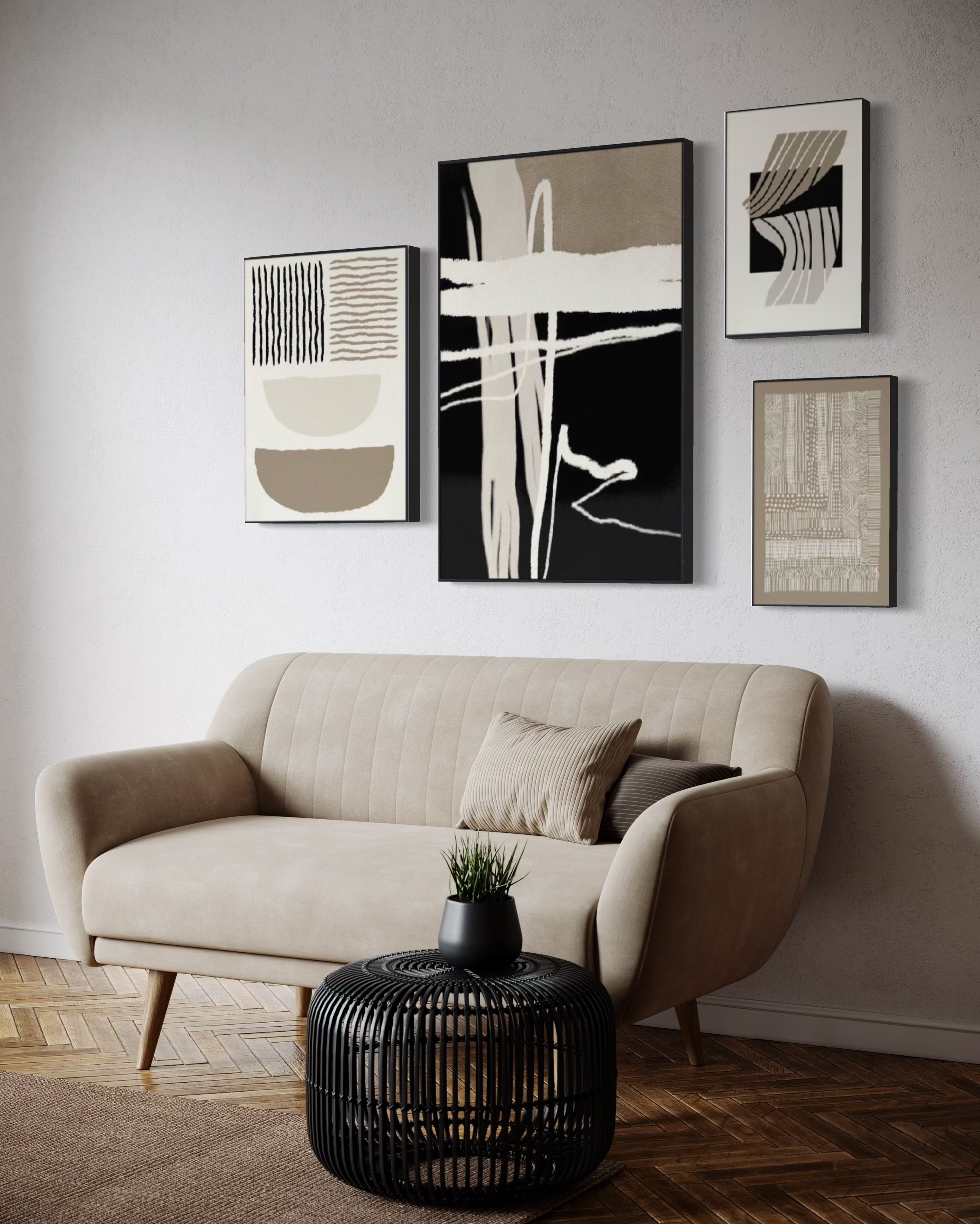 Set Cuadros Decorativos Abstracto Negro Arena 2-218 B - 4piezas Minimalistas Arte Moderno Estilo Nordico en Tonos Neutros