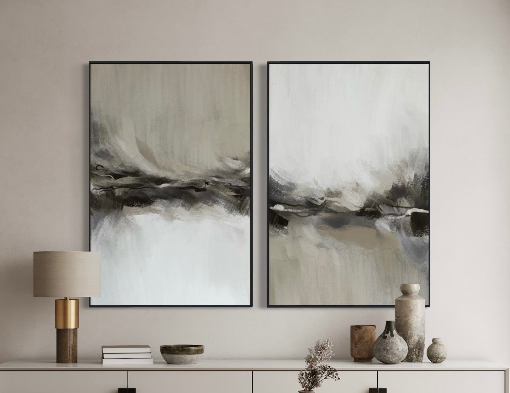 Set Cuadros Decorativos Abstracto Negro Arena 2 - 238 - Diptico Moderno y Elegante Arte Estilo Nordico Tonos Neutros