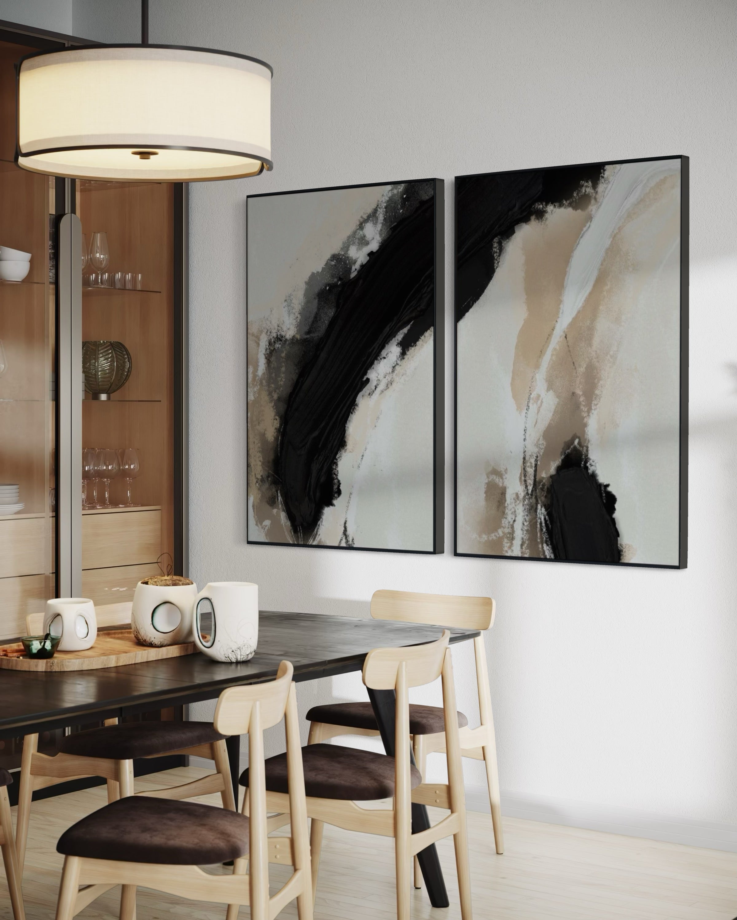 Set Cuadros Decorativos Abstracto Negro Arena 2 - 212 - Diptico Moderno y Minimalista en Tonos Negro y Beige Colores Neutros Estilo Nordico