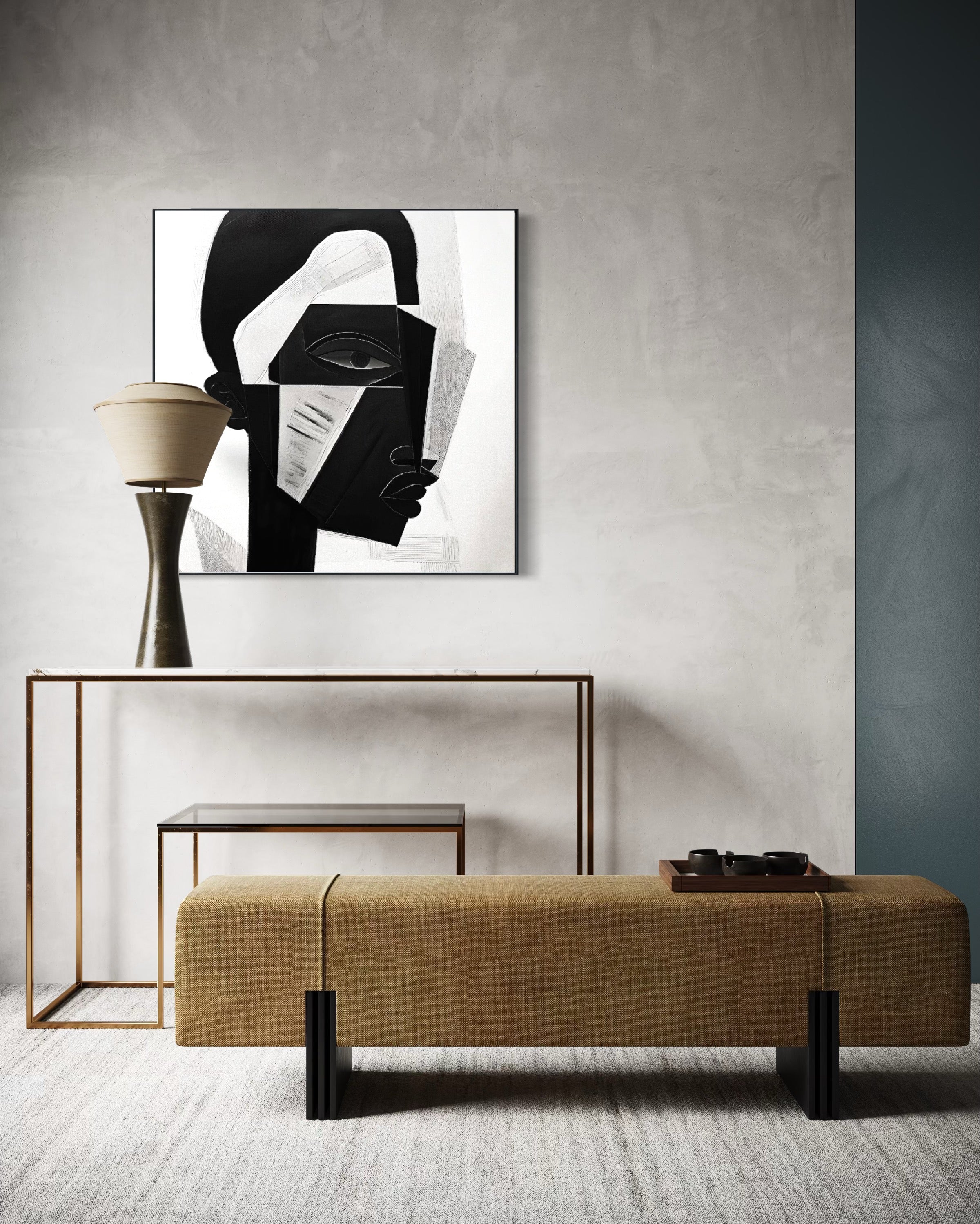 Cuadro Decorativo Abstracto Negro Arena 2-228 Rostro Moderno Cubismo Estilo Nordico Arte Minimalista