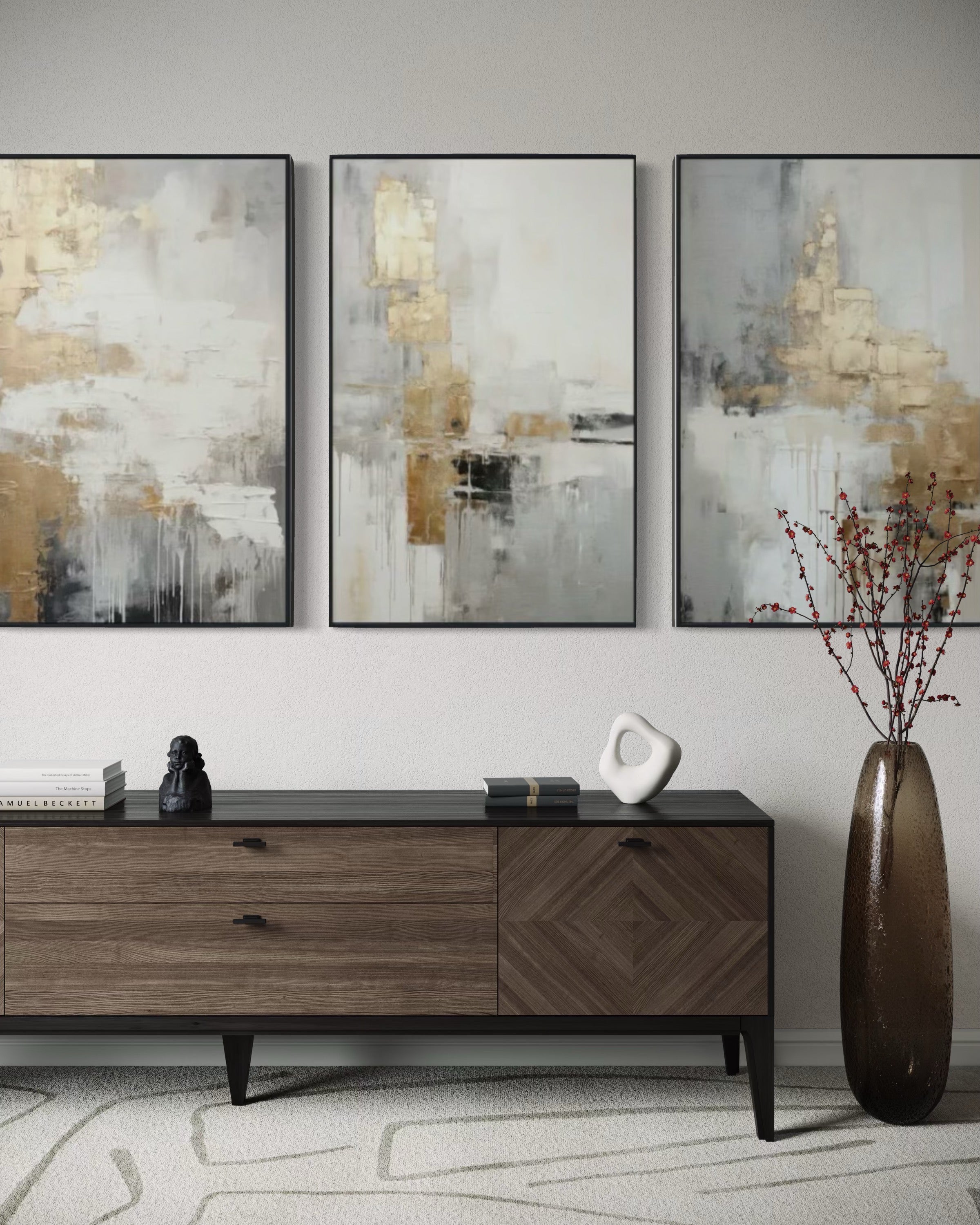 Set Cuadros Decorativos Abstracto Negro Arena 2-271 -Triptico  Moderno y Elegante en Tonos Negro, Gris, Beige y Dorado Oro