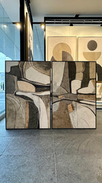 Cargar imagen en el visor de la galería, Set 2 Cuadros Decorativos Abstracto Negro Arena 056 - Estilo Boho Minimalista en Beige y Tonos Tierra-Diptico
