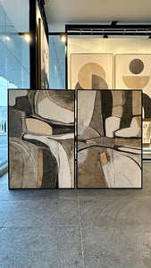 Set 2 Cuadros Decorativos Abstracto Negro Arena 056 - Estilo Boho Minimalista en Beige y Tonos Tierra-Diptico