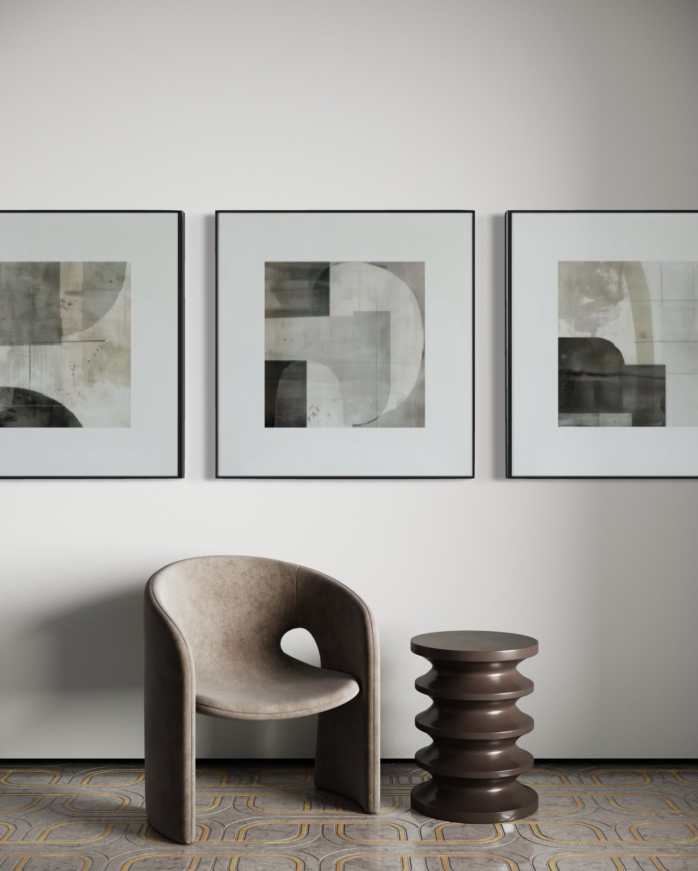 Set Cuadros Decorativos Abstracto Negro Arena  2 - 232 - Triptico Moderno y Elegante Arte Minimalista Estilo Nordico