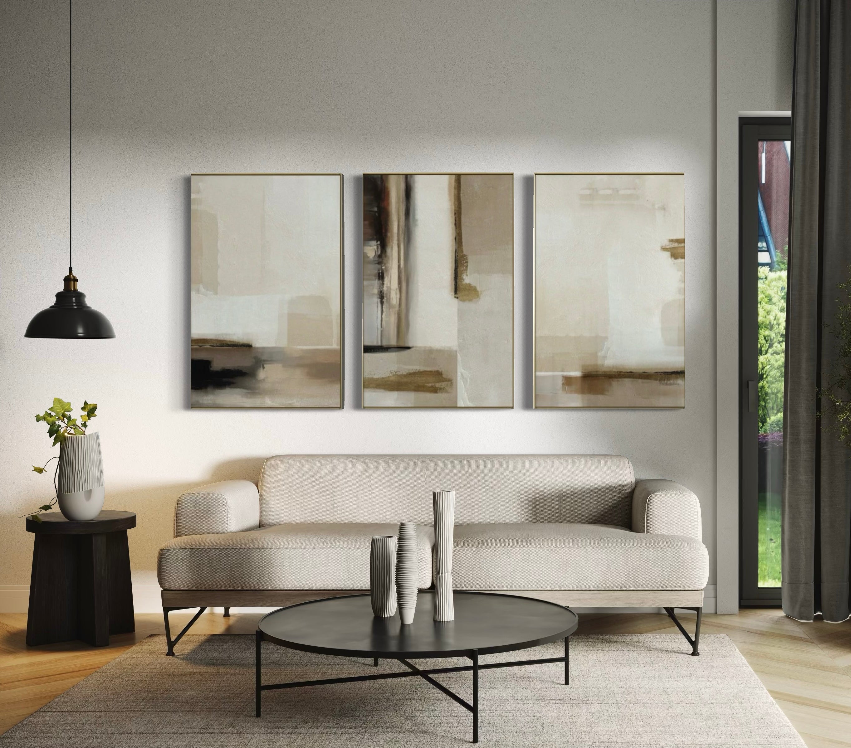 Set Cuadros Decorativos Abstracto Negro Arena 2 - 209 - Triptico Moderno y Elegante Arte Minimalista en Tonos Neutros