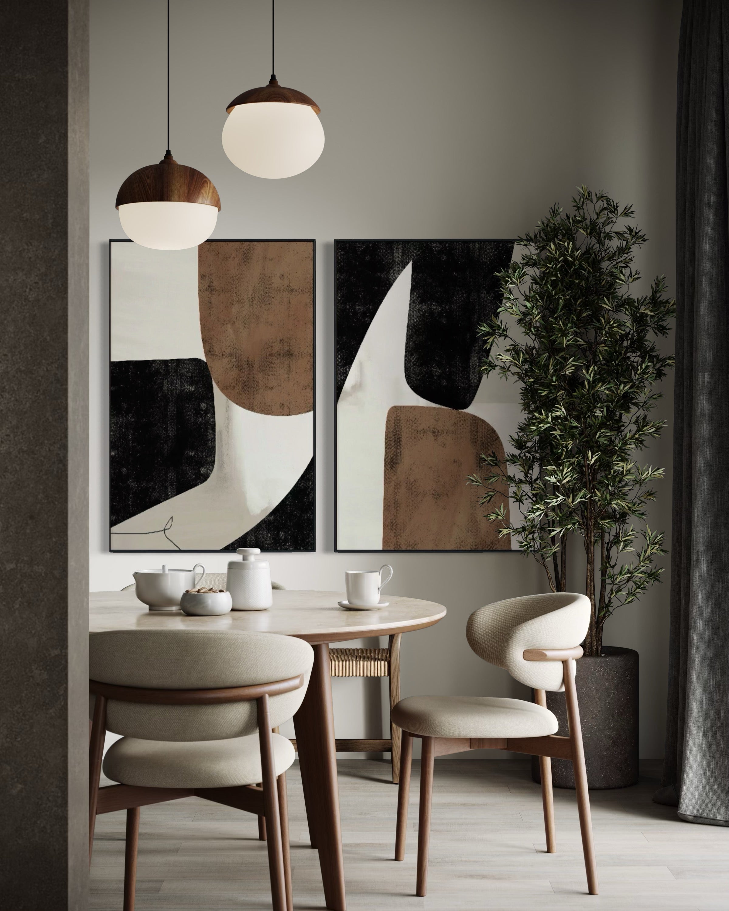 Set Cuadros Decorativos Abstracto Negro Arena 2 - 208 - Diptico Moderno y Elegante Estilo Nordico Boho en Tonos Neutros