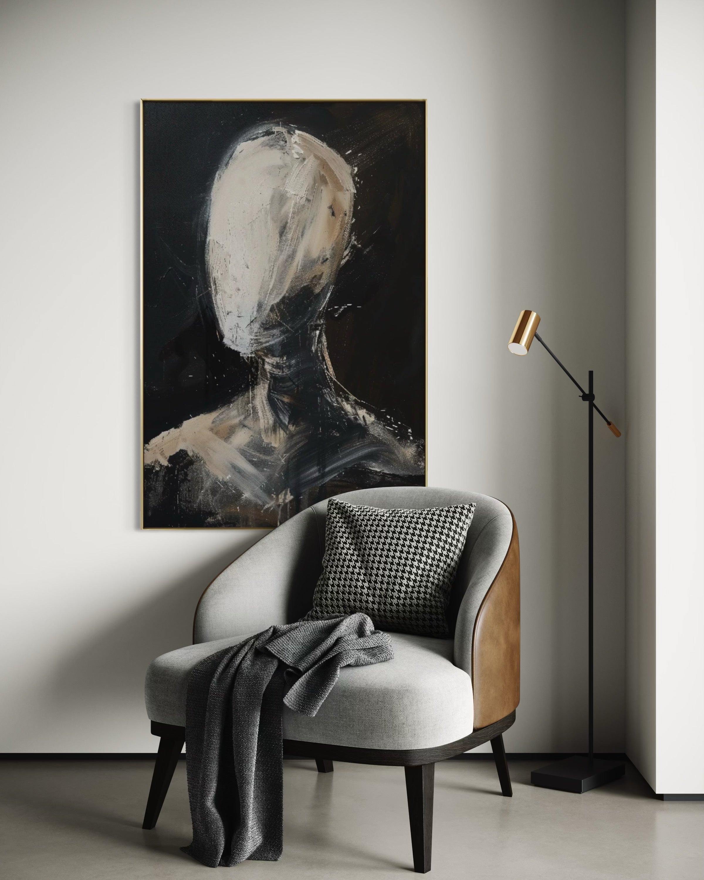 Cuadro Decorativo Abstracto Negro Arena 2-219 Rostro Moderno Arte Minimalista Cara en Beige y Negro Tonos Neutros