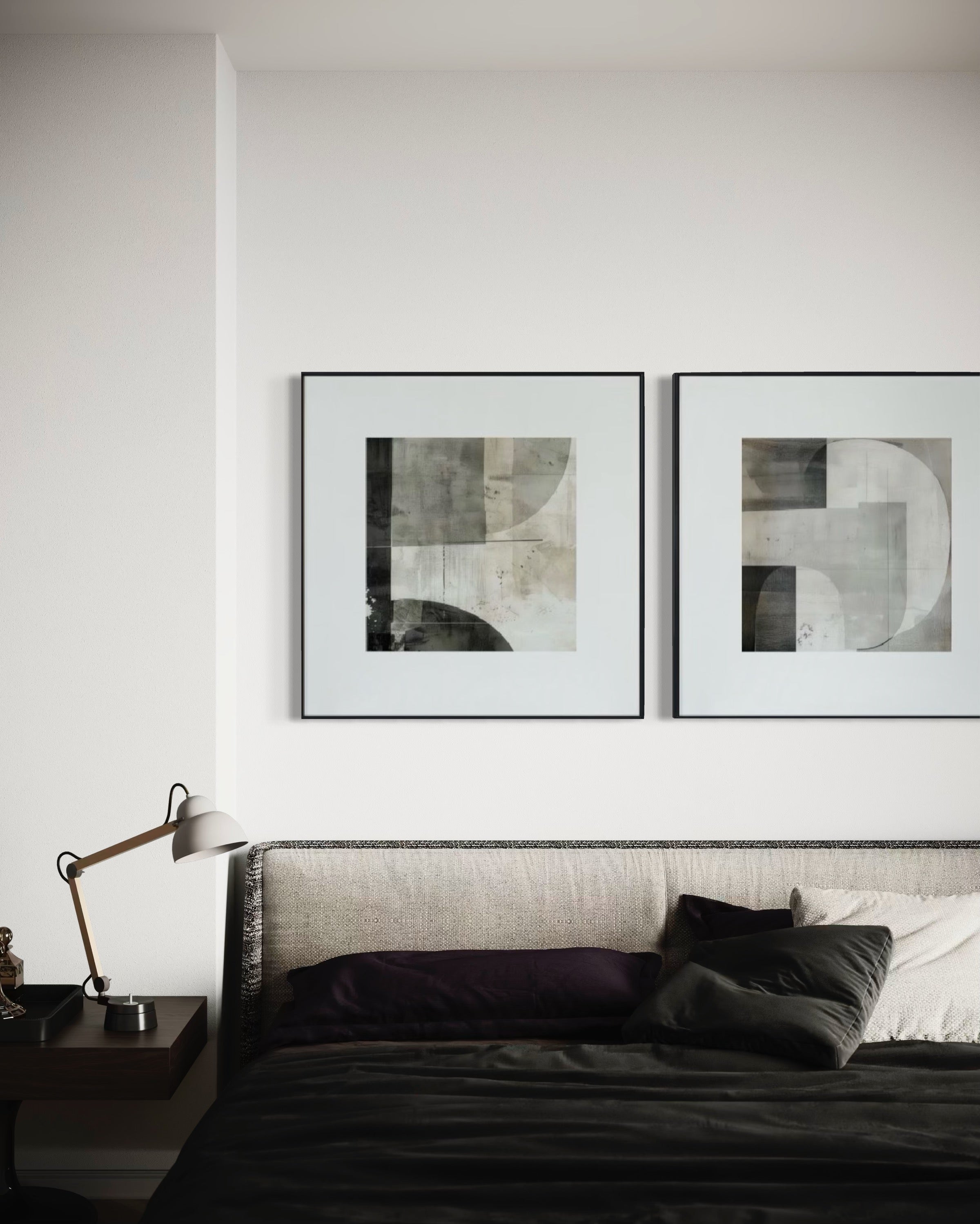 Set Cuadros Decorativos Abstracto Negro Arena 2 - 232 - Diptico Moderno Arte Minimalista Estilo Nordico Tonos Neutros