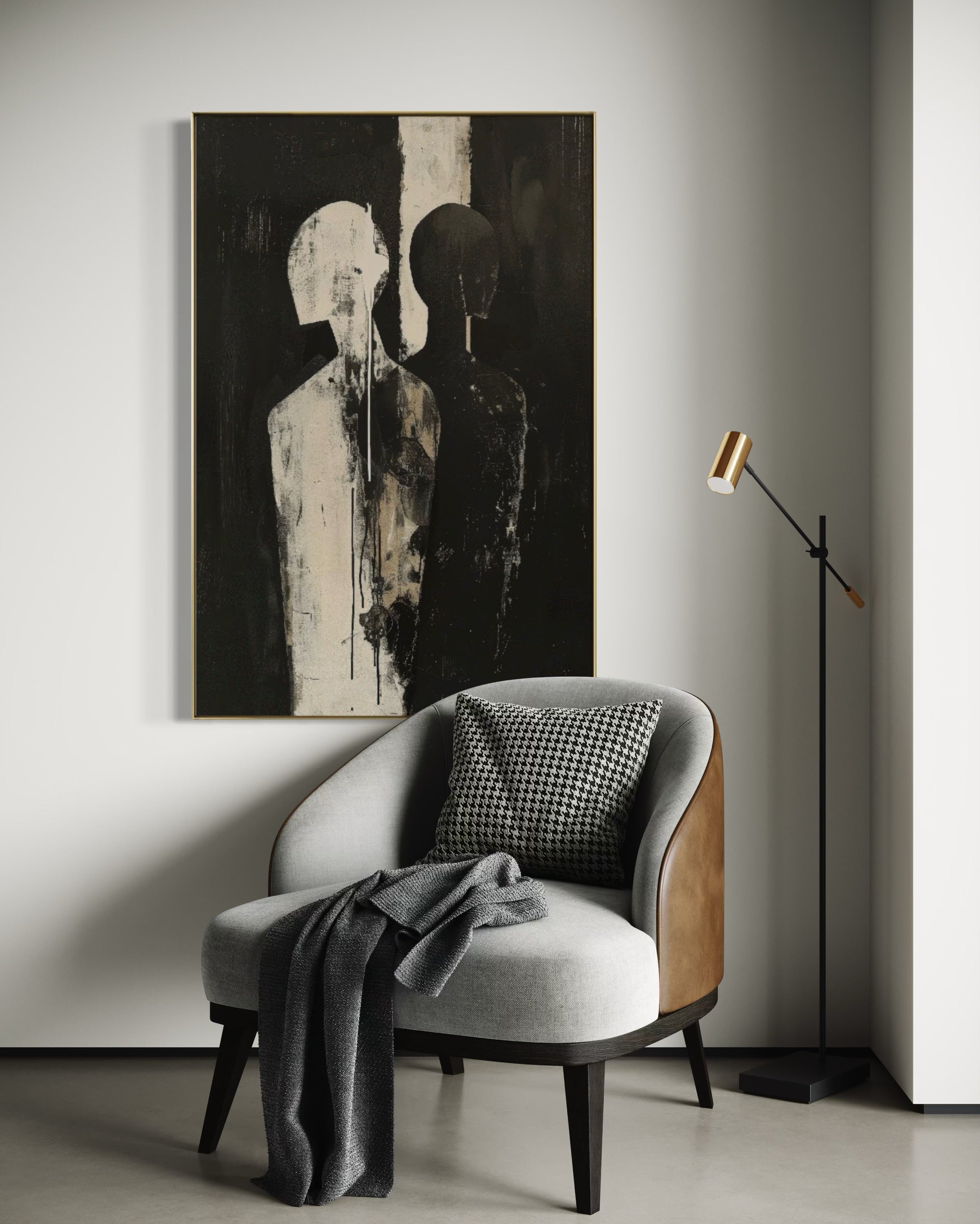 Cuadro Decorativo Abstracto Negro Arena 2-223 Siluetas Humanas Minimalistas Arte Moderno de Pareja Rostro en Negro y Beige Tonos Neutros