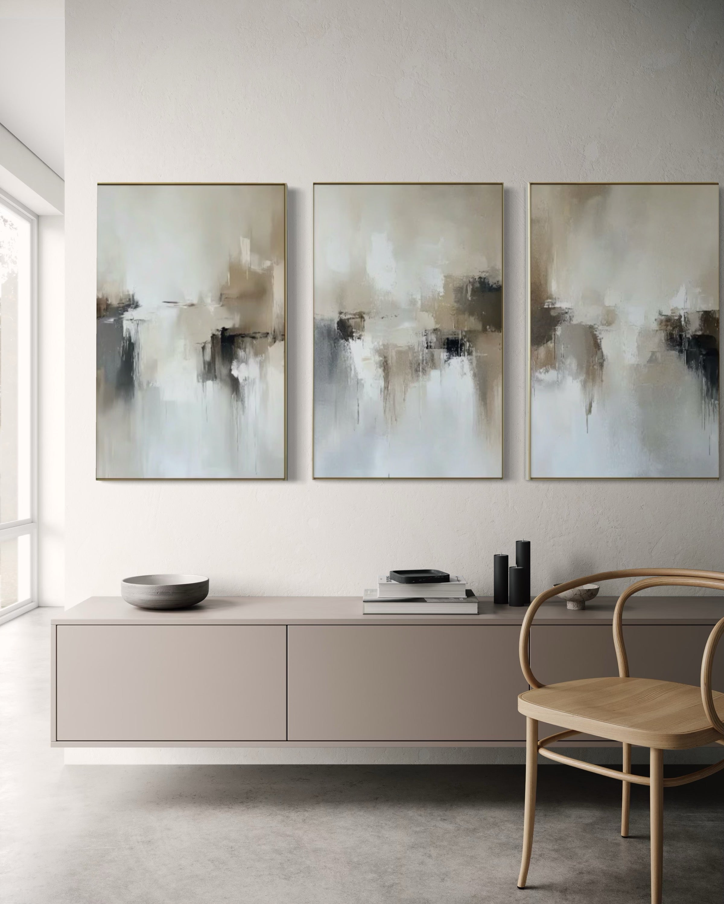 Set Cuadros Decorativos Abstracto Negro Arena 2 - 201 - Triptico Estilo Nordico Arte Moderno en Tonos Neutros