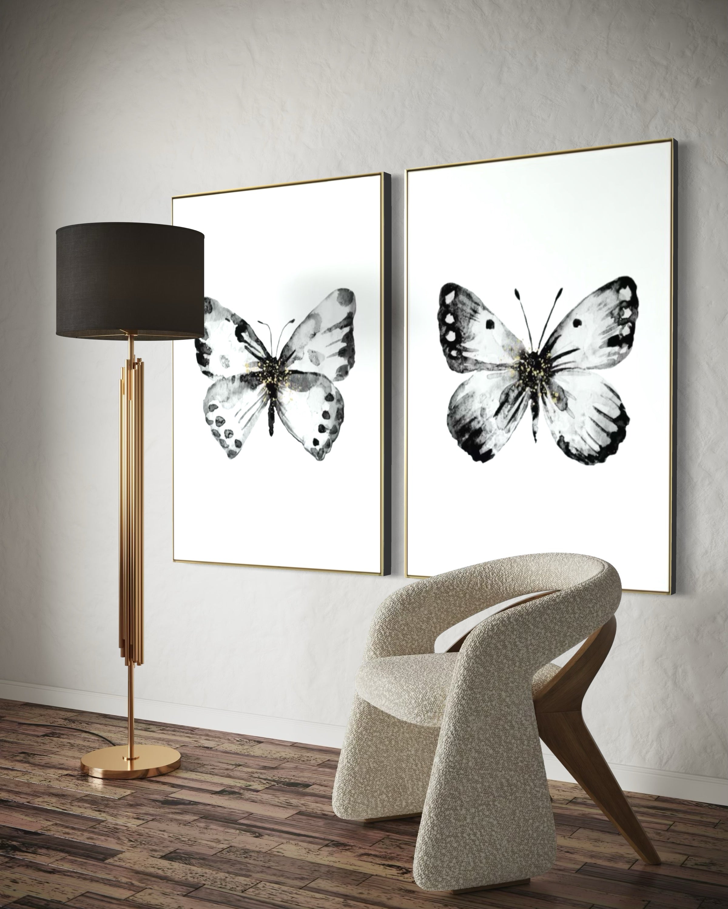 Cuadro Decorativo Abstracto Negro Arena 2-270 - Boceto Mariposas En Blanco, Negro y Dorado Arte Moderno Estilo Nordico