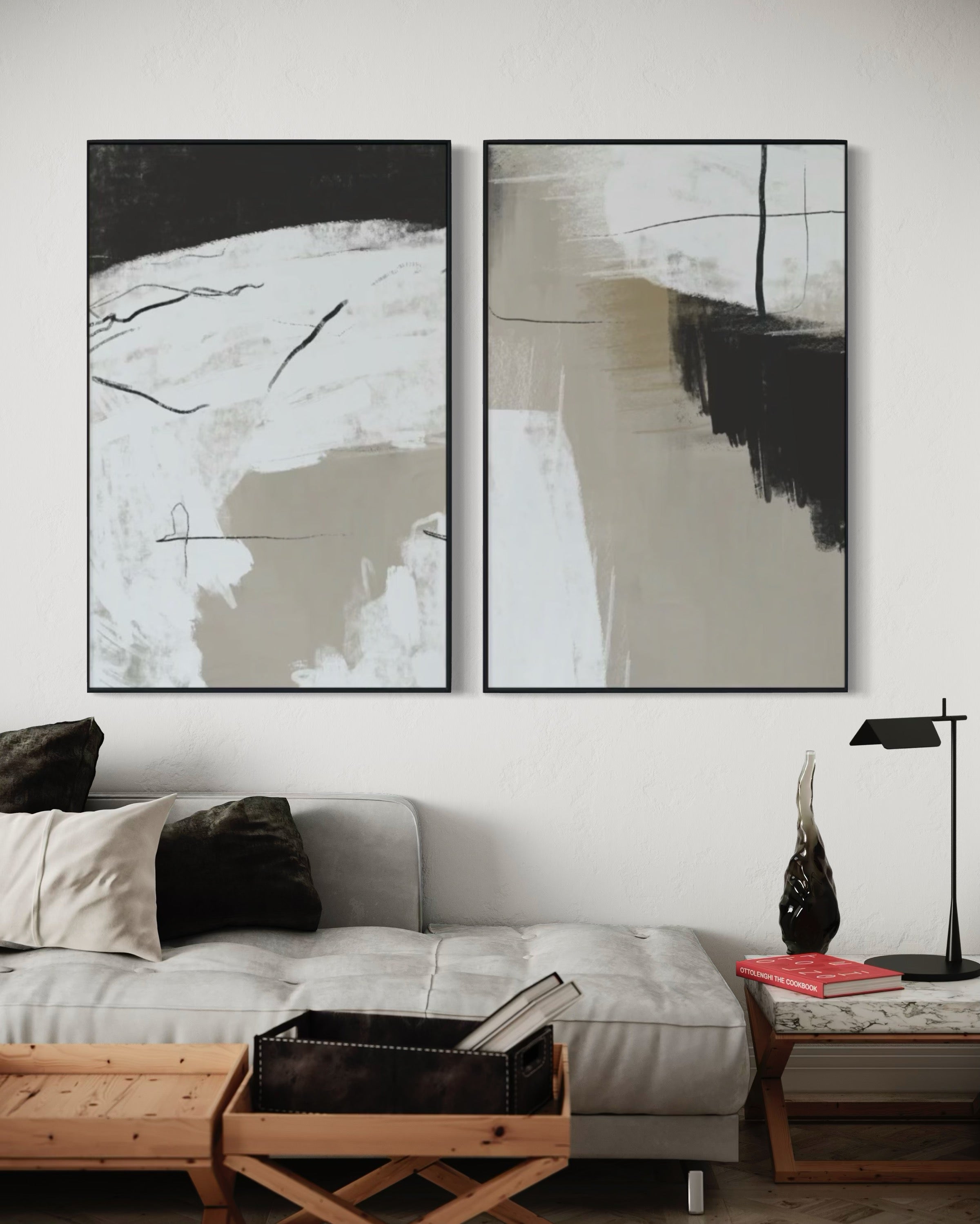 Set Cuadros Decorativos Abstracto Negro Arena  2 - 243 - Diptico Moderno Estilo Nordico Tonos Neutros