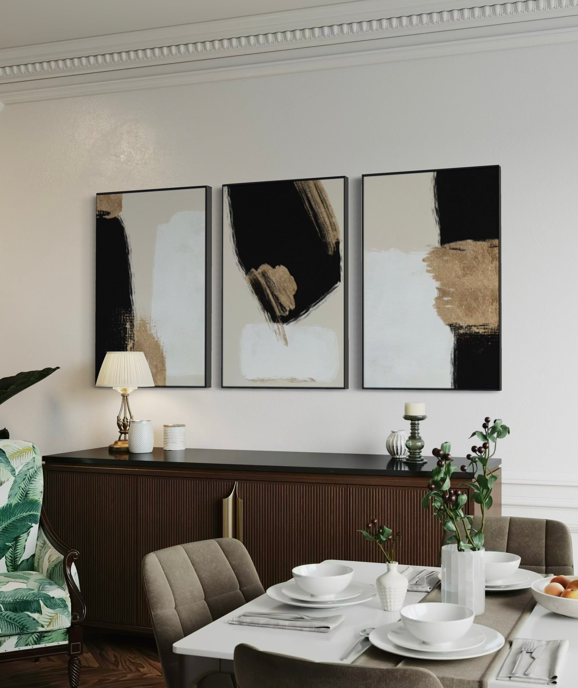 Set Cuadros Decorativos Abstracto Negro Arena 2 - 214 - Triptico Minimalista y Elegante Arte estilo Nordico en Tonos Beige, Negro, Blanco y Dorado Oro