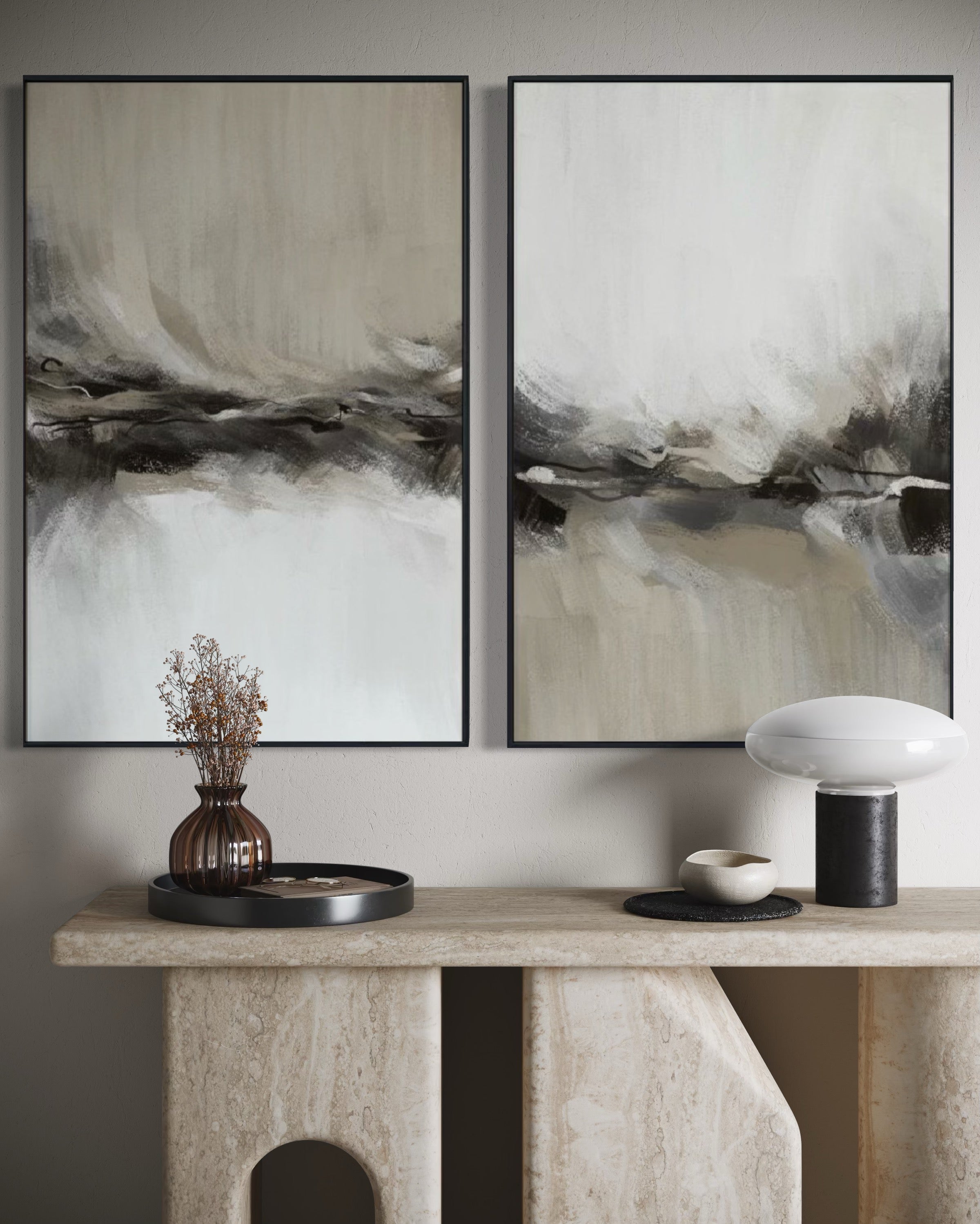 Set Cuadros Decorativos Abstracto Negro Arena 2 - 238 - Diptico Moderno y Elegante Arte Estilo Nordico Tonos Neutros