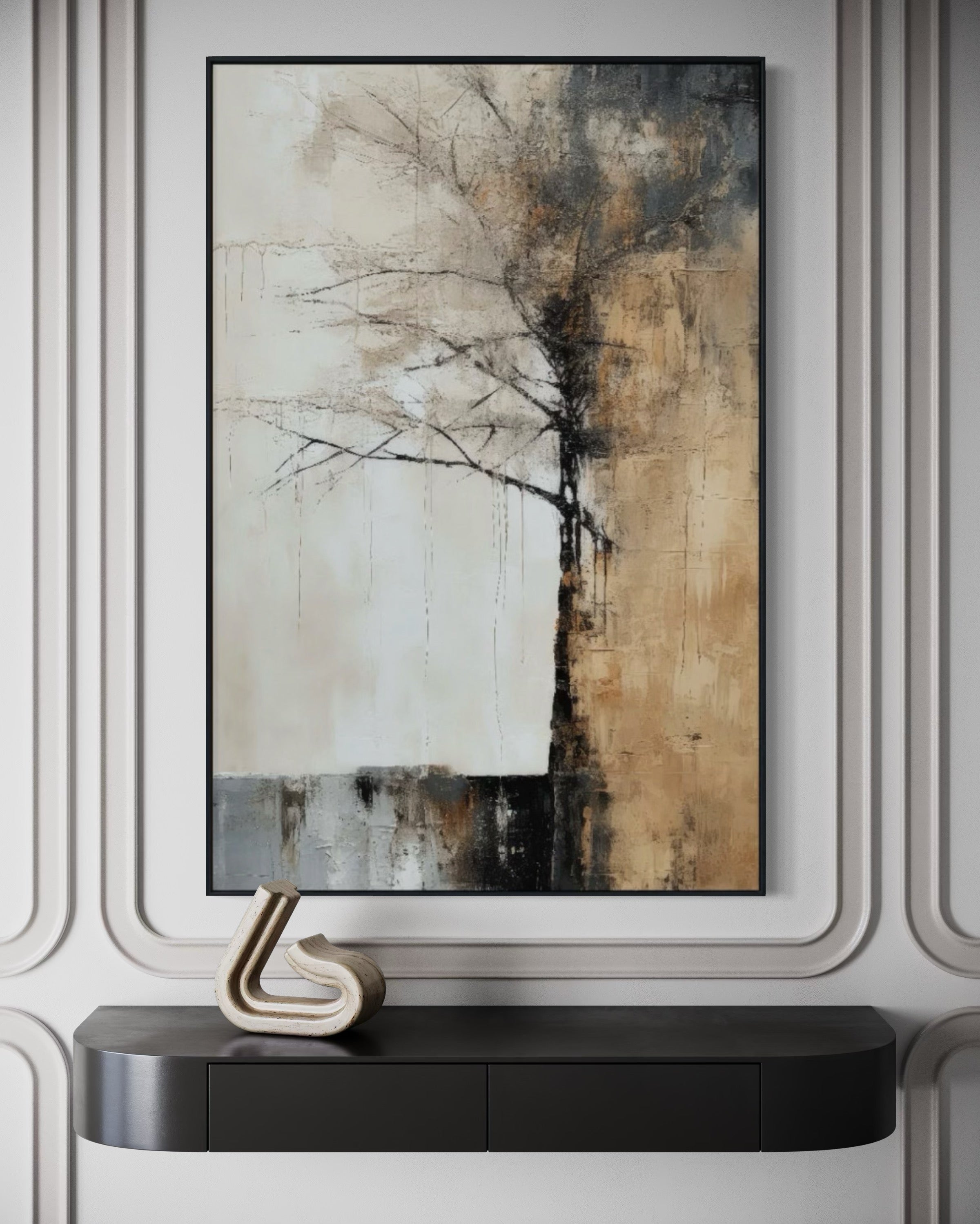 Cuadro Decorativo Abstracto Negro Arena 2-215 Árbol Minimalista y Elegante en Dorado y Tonos Neutros Oro