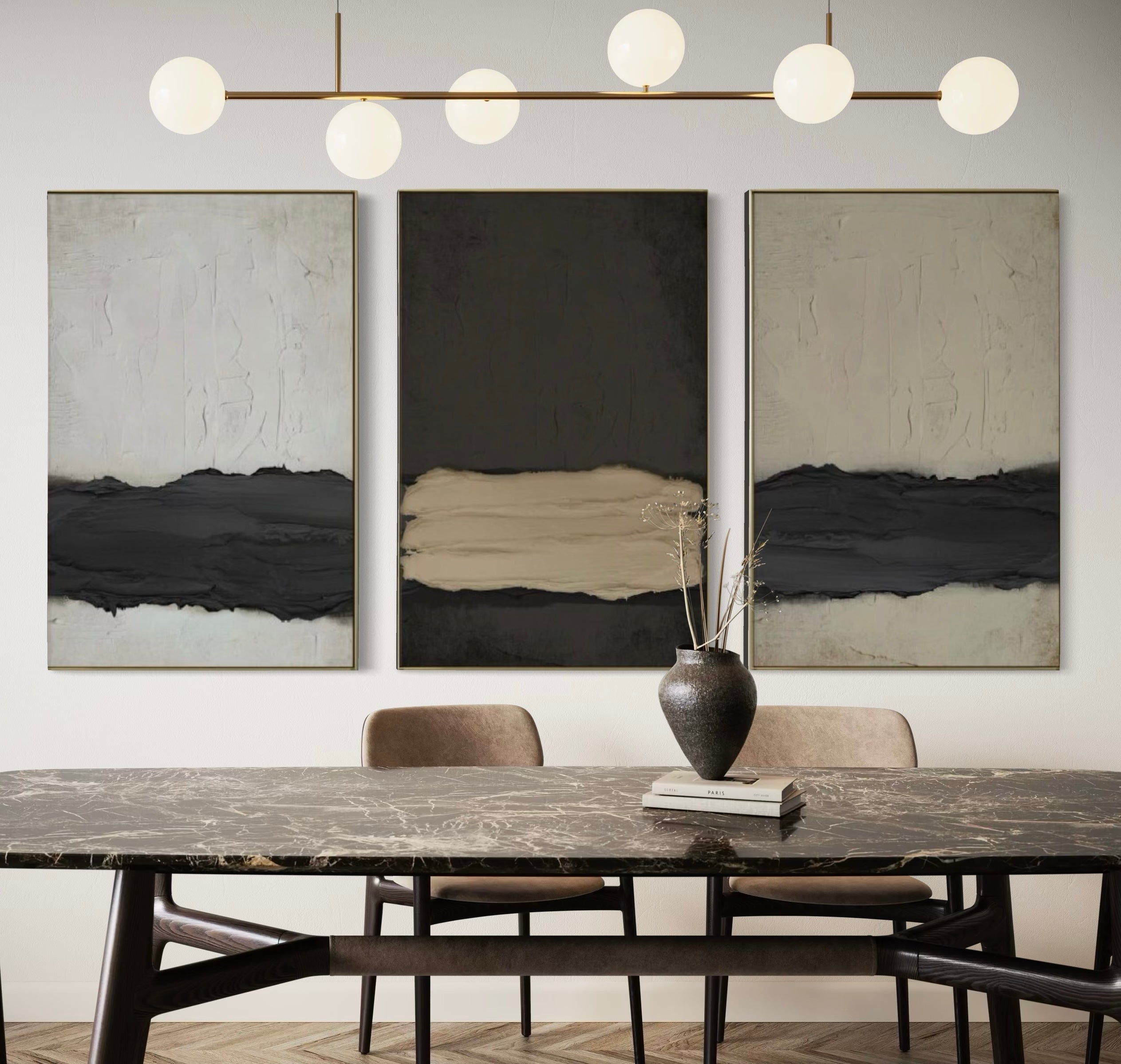 Set Cuadros Decorativos Abstracto Negro Arena 2 - 241 - Triptico Moderno y Elegante Arte Minimalista Estilo Nordico Tonos Neutros