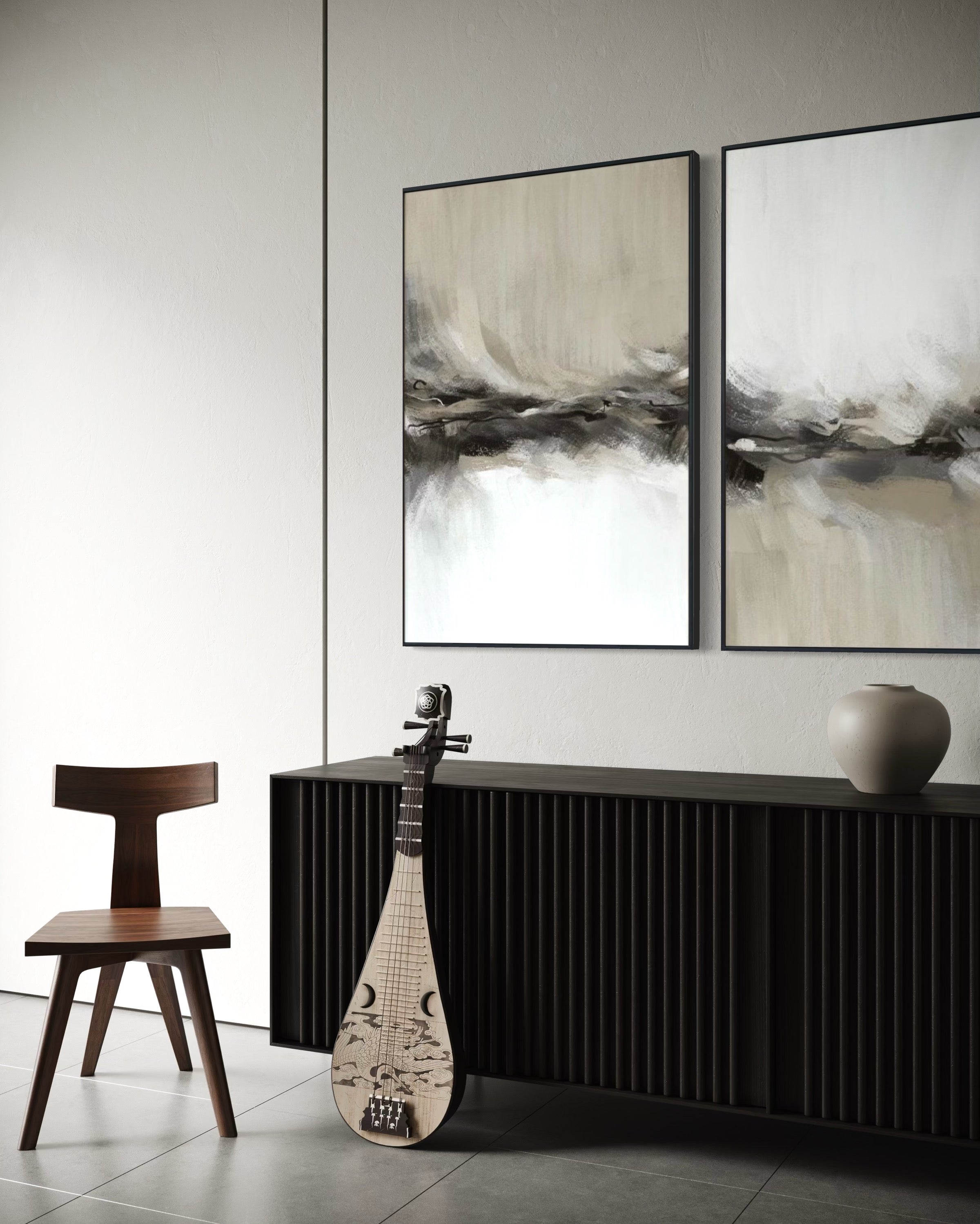 Set Cuadros Decorativos Abstracto Negro Arena 2 - 238 - Diptico Moderno y Elegante Arte Estilo Nordico Tonos Neutros