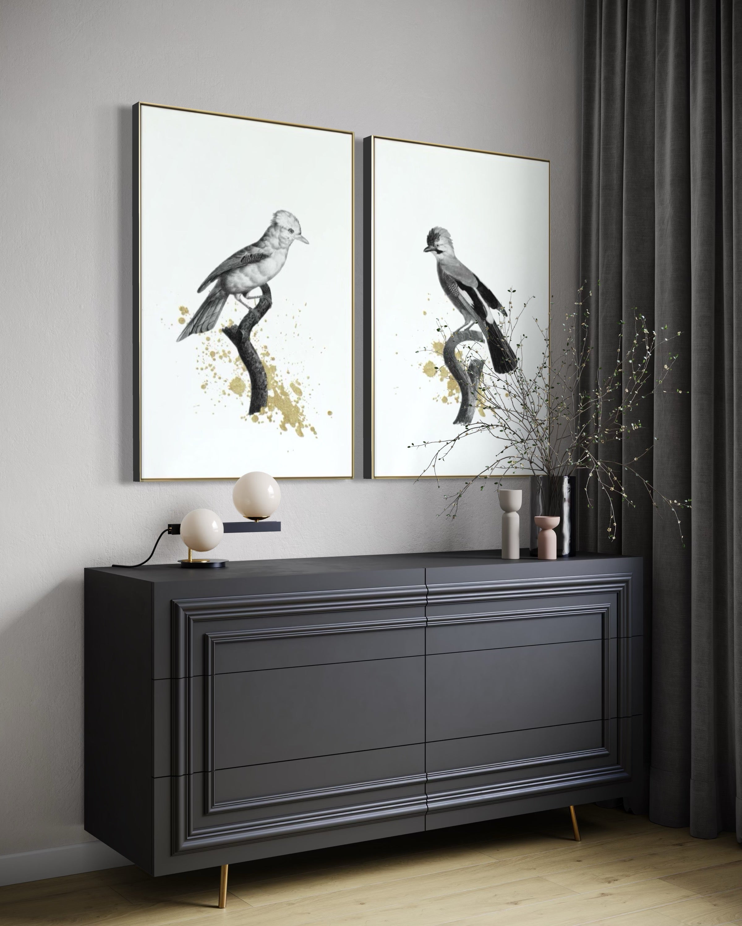 Set Cuadros Decorativos Abstracto Negro Arena 2 - 264 - Diptico Boceto de Pájaros Arte de Aves En Blanco, Negro y Dorado Oro