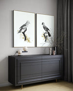 Cargar imagen en el visor de la galería, Set Cuadros Decorativos Abstracto Negro Arena 2 - 264 - Diptico Boceto de Pájaros Arte de Aves En Blanco, Negro y Dorado Oro
