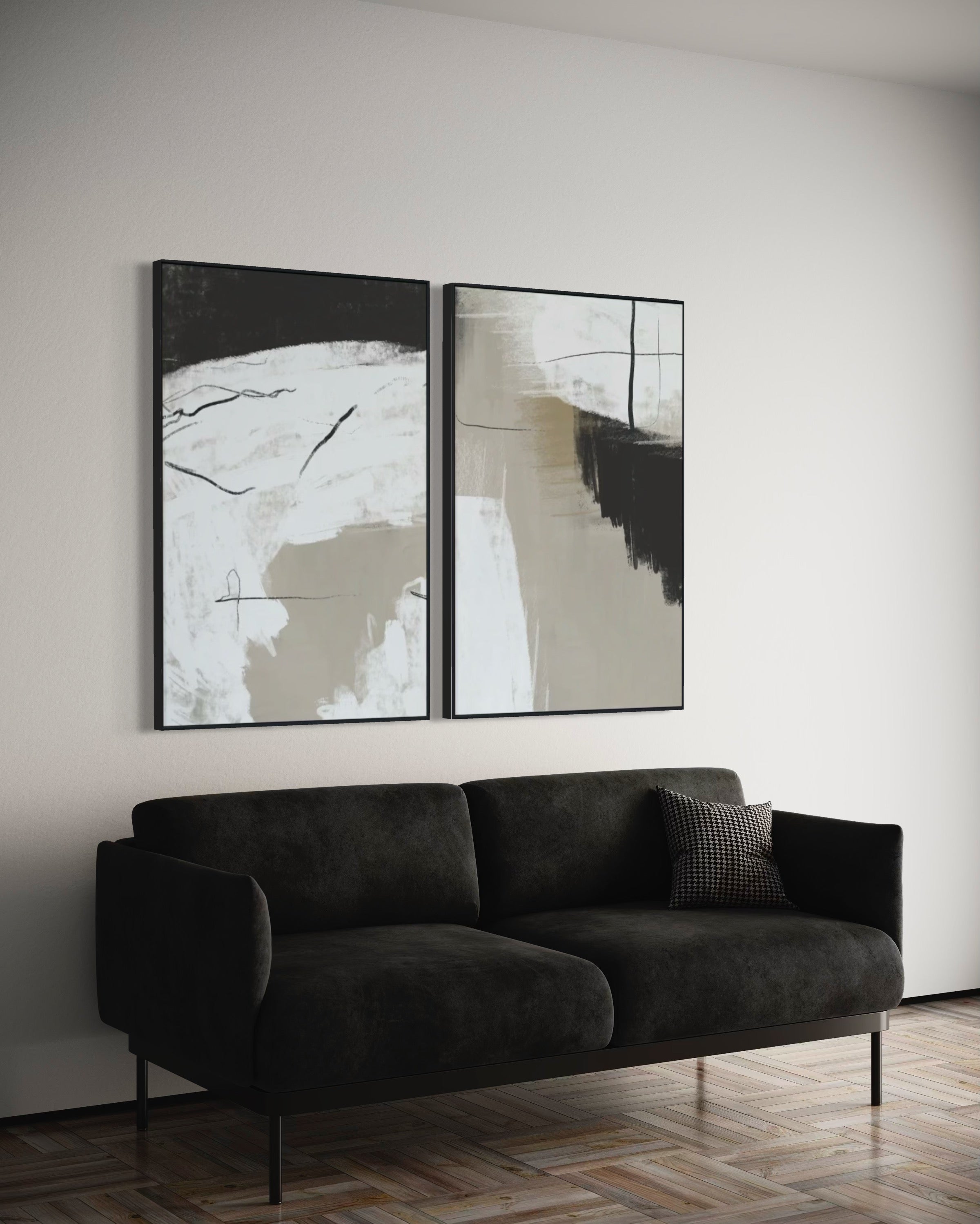 Set Cuadros Decorativos Abstracto Negro Arena  2 - 243 - Diptico Moderno Estilo Nordico Tonos Neutros