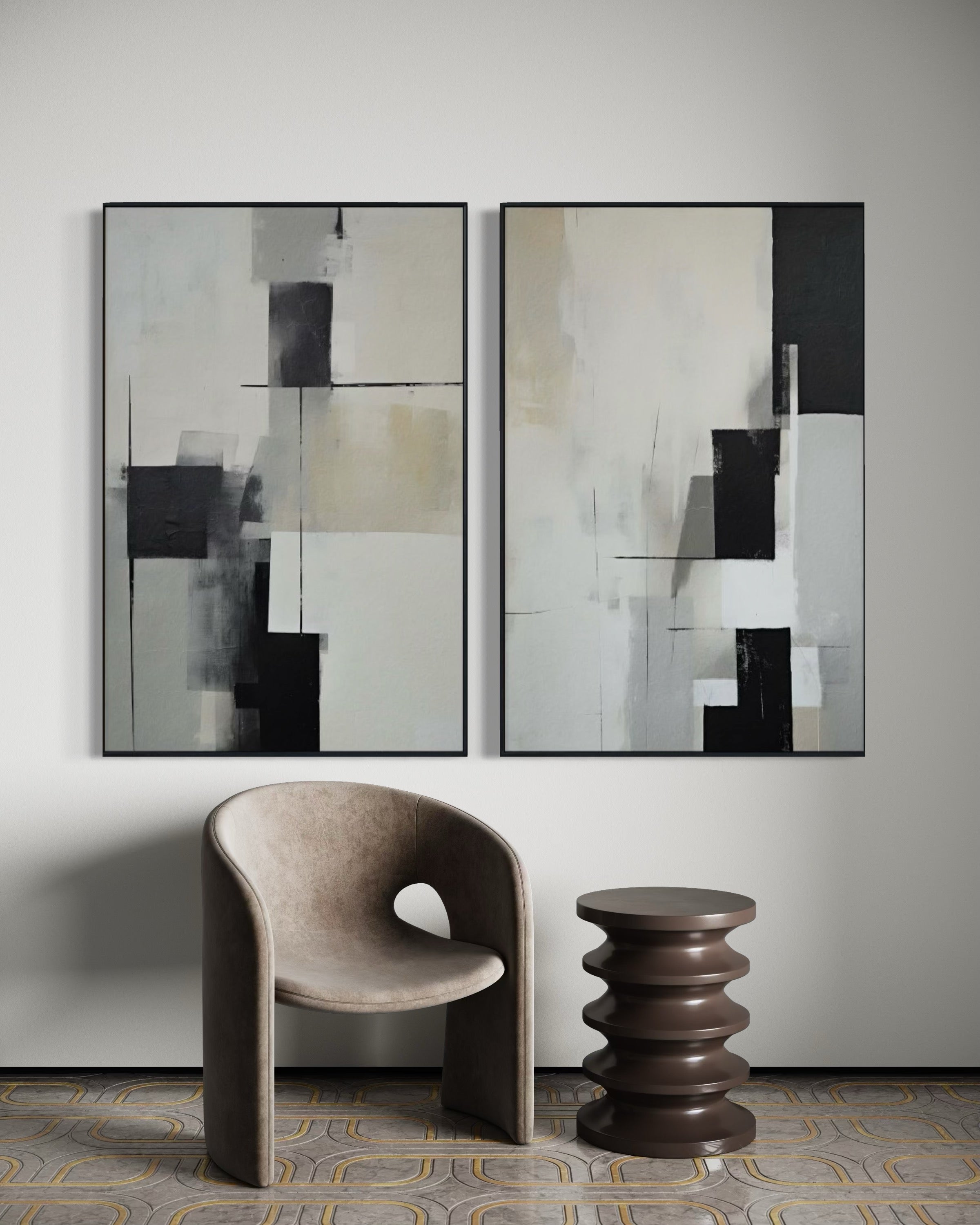 Set Cuadros Decorativos Abstracto Negro Arena 2 - 227 - Diptico Moderno y Minimalista Arte Estilo Nordico en Negro, Beige y Gris Tonos Neutros