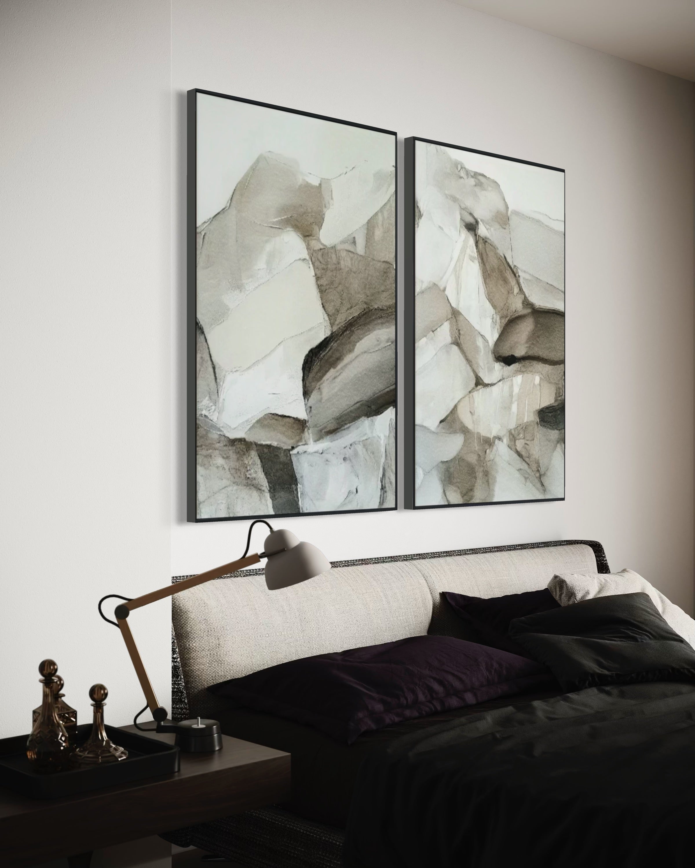 Set Cuadros Decorativos Abstracto Negro Arena 2 - 202 - Díptico Minimalista Estilo Boho Arte en tonos Neutros