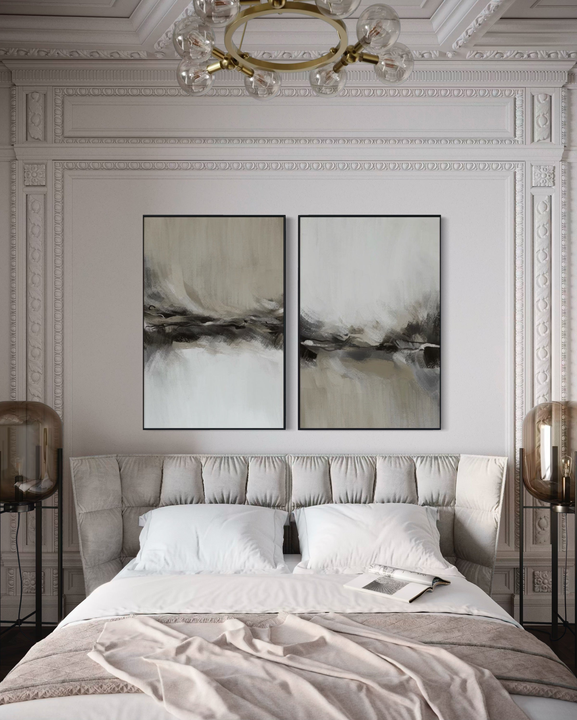 Set Cuadros Decorativos Abstracto Negro Arena 2 - 238 - Diptico Moderno y Elegante Arte Estilo Nordico Tonos Neutros