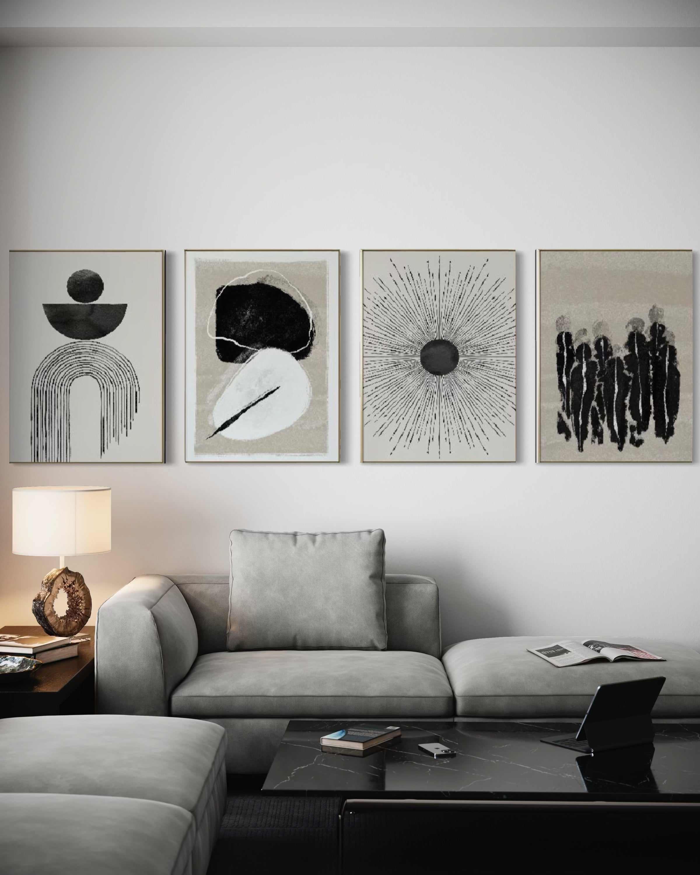 Set Cuadros Decorativos Abstracto Negro Arena 2 - 226C - 4piezas Arte Moderno y Elegante Estilo Nordico Boho en Tonos Neutros