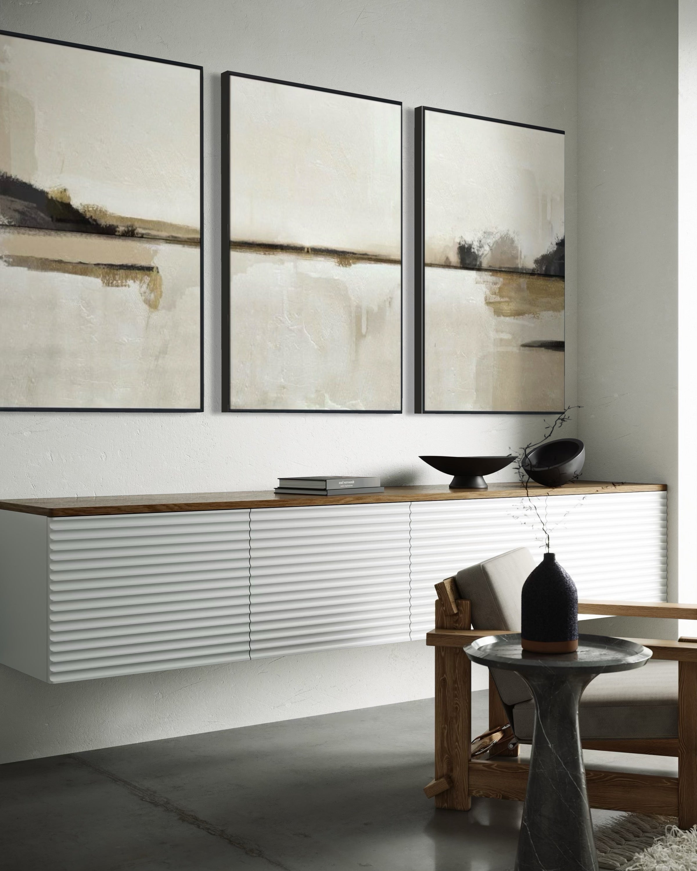 Set Cuadros Decorativos Abstracto Negro Arena 2 - 216 - Triptico Moderno y Elegante Arte Minimalista Estilo Nordico Tonos Neutros