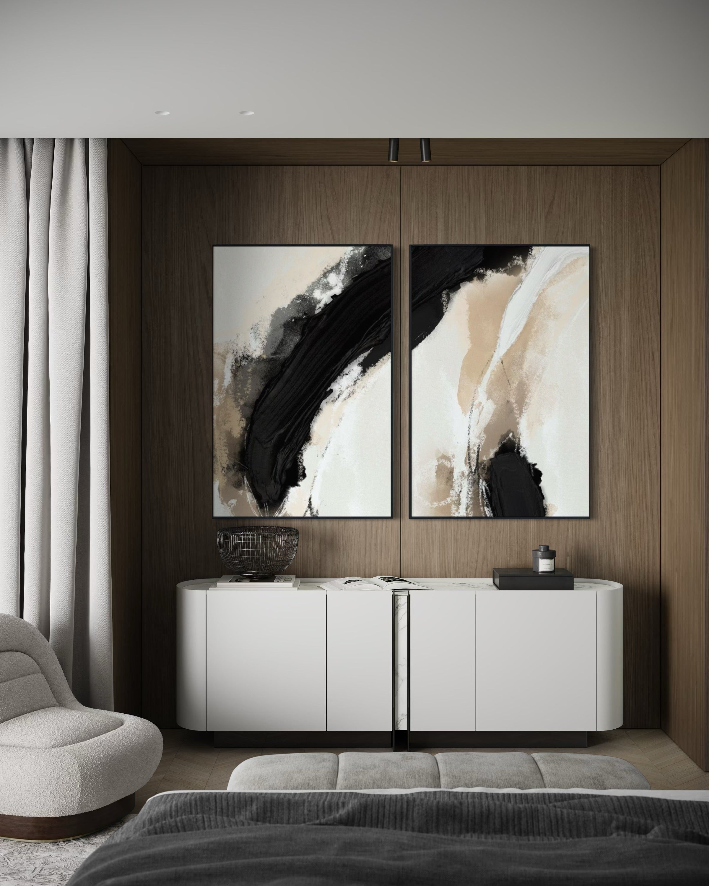 Set Cuadros Decorativos Abstracto Negro Arena 2 - 212 - Diptico Moderno y Minimalista en Tonos Negro y Beige Colores Neutros Estilo Nordico