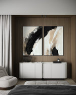 Cargar imagen en el visor de la galería, Set Cuadros Decorativos Abstracto Negro Arena 2 - 212 - Diptico Moderno y Minimalista en Tonos Negro y Beige Colores Neutros Estilo Nordico
