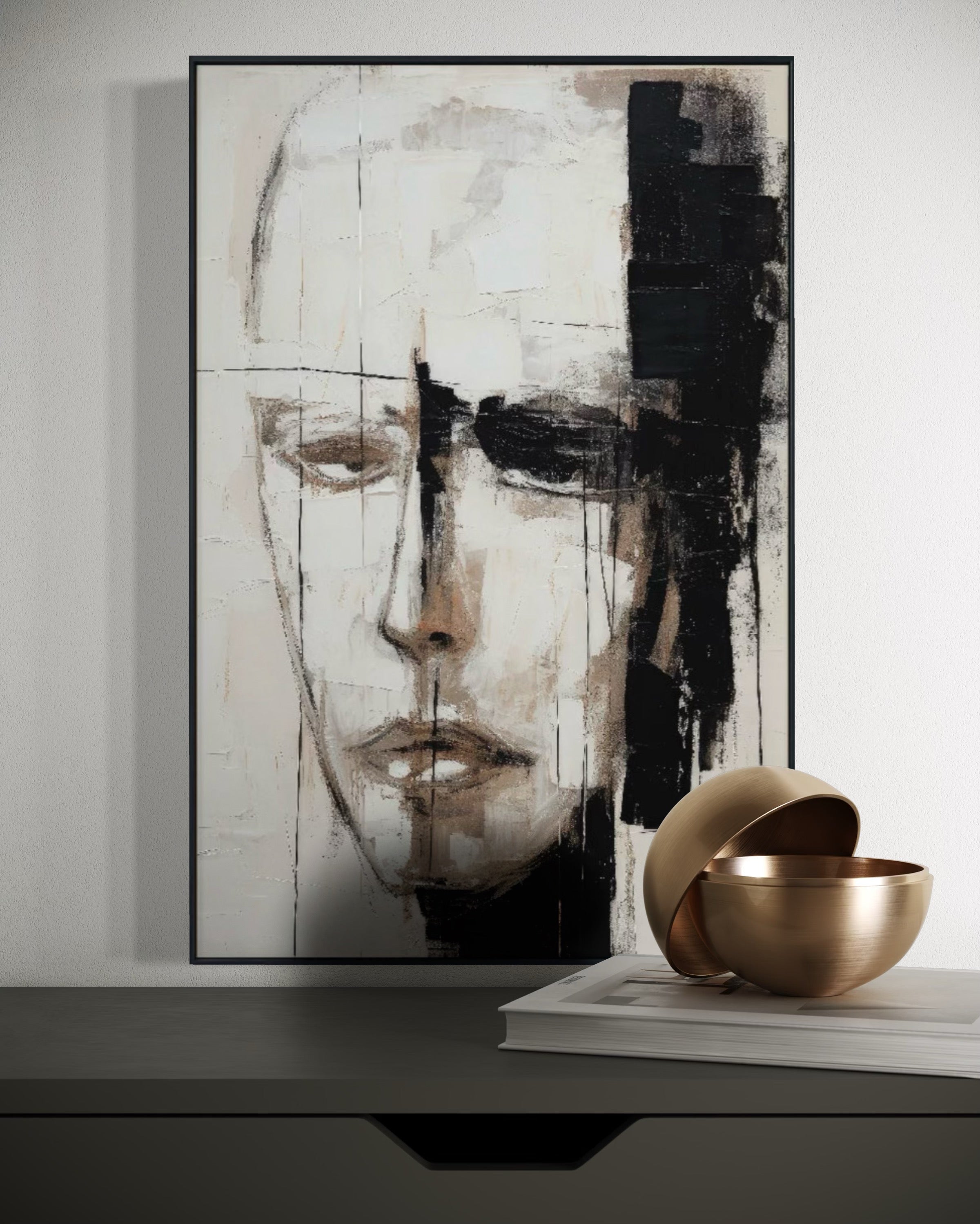 Cuadro Decorativo Abstracto Negro Arena 2-220 Cara Estilo Nordico Arte Moderno Rostro en Tonos Neutros