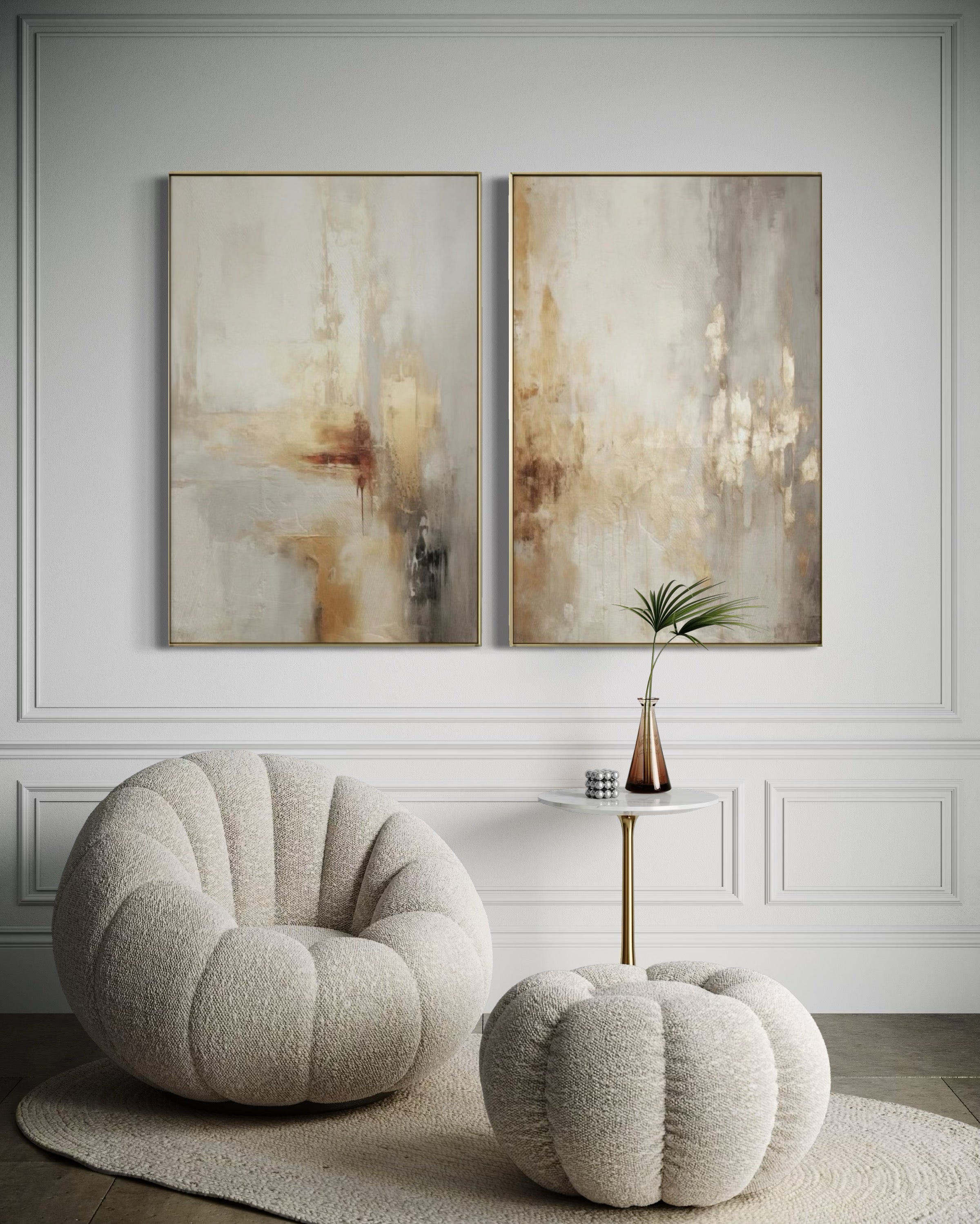 Set Cuadros Decorativos Abstracto Negro Arena 2 - 280 - Diptico Moderno y Elegante Arte Estilo Boho en Beige y Dorado Oro