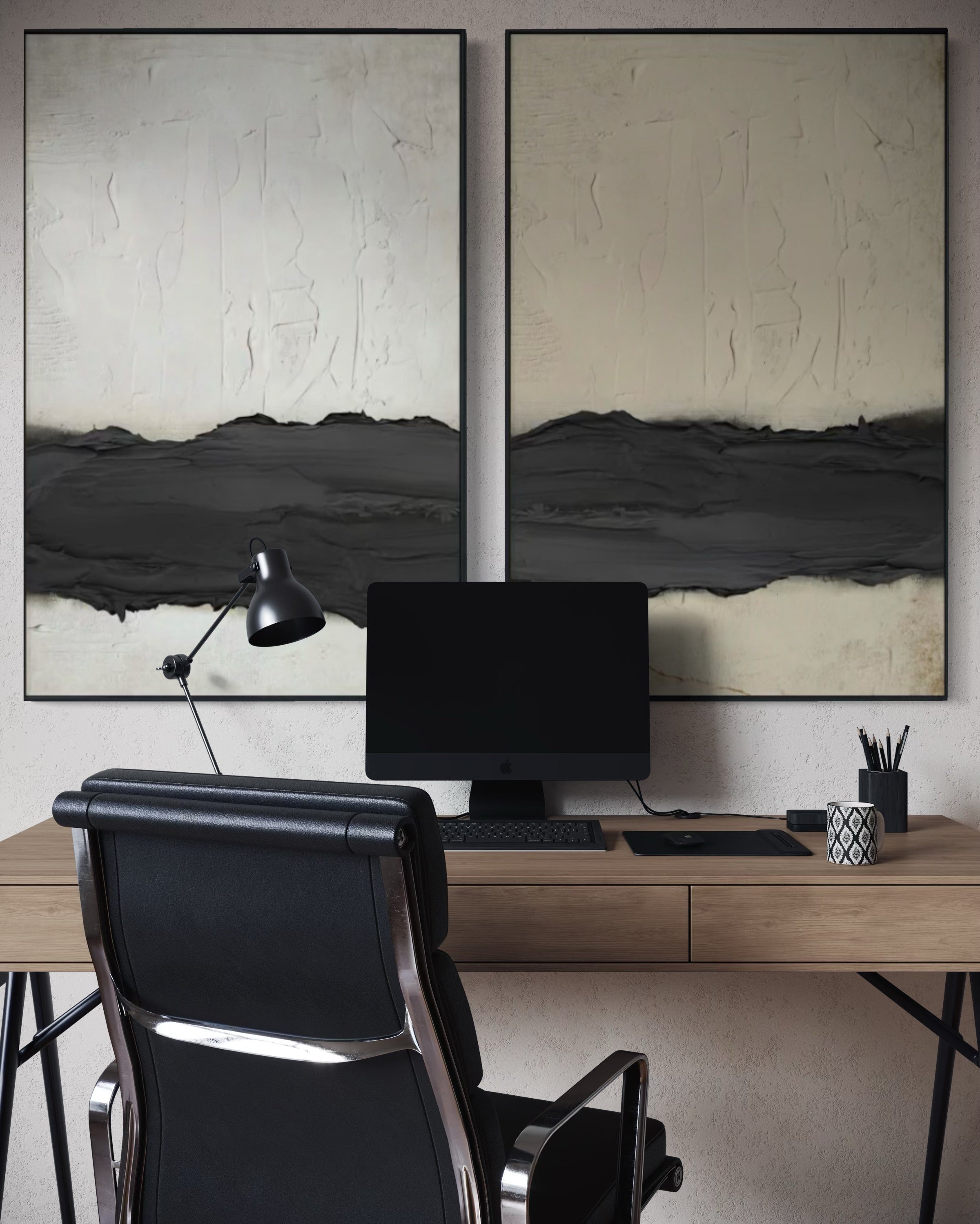 Set Cuadros Decorativos Abstracto Negro Arena 2-241 - Diptico Moderno y Minimalista Arte Estilo Nordico Tonos Neutros