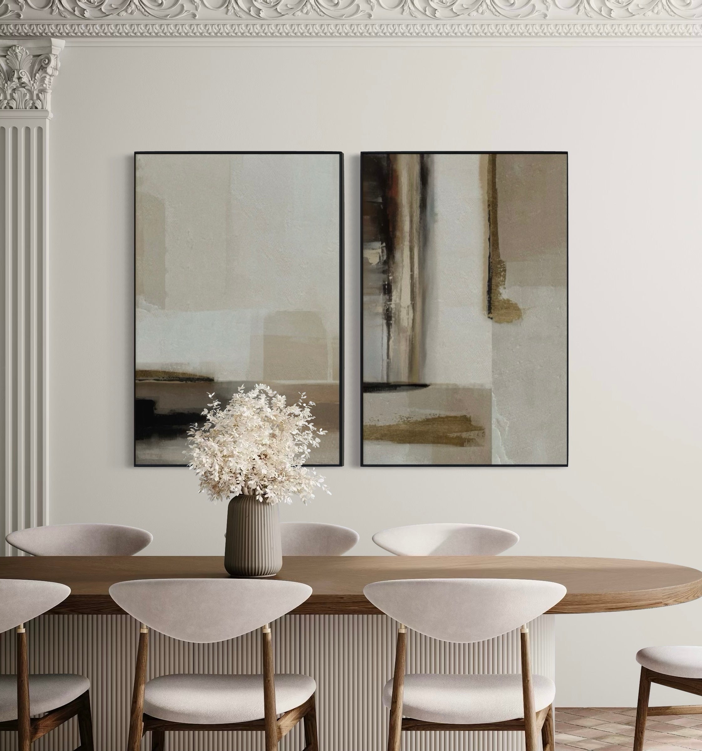 Set Cuadros Decorativos Abstracto Negro Arena 2 - 209 - Diptico Minimalista en Tonos Neutros Arte Estilo Nordico