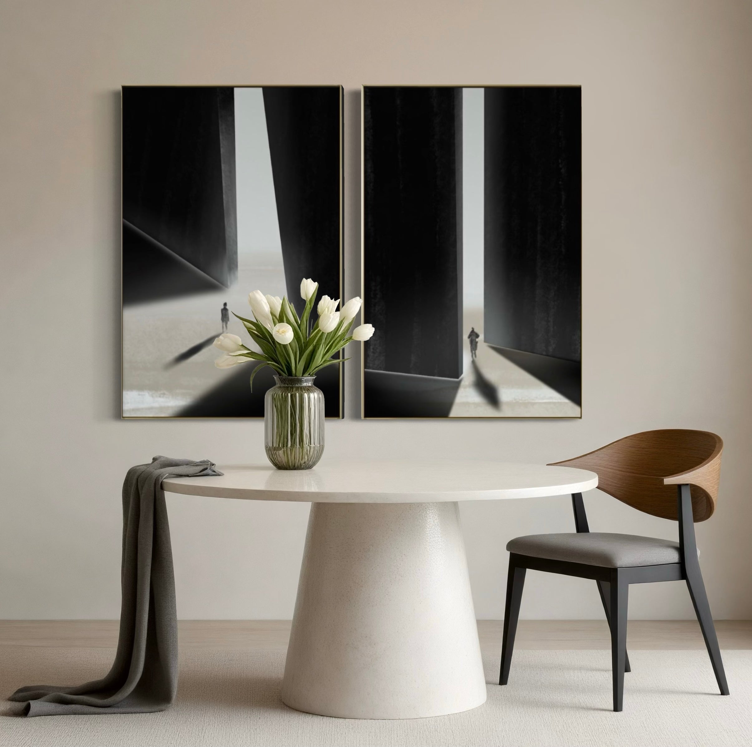 Set Cuadros Decorativos Abstracto Negro Arena 2 - 237 - Diptico Siluetas Humanas Arte Moderno Minimalista Puertas Estilo Nordico Tonos Neutros