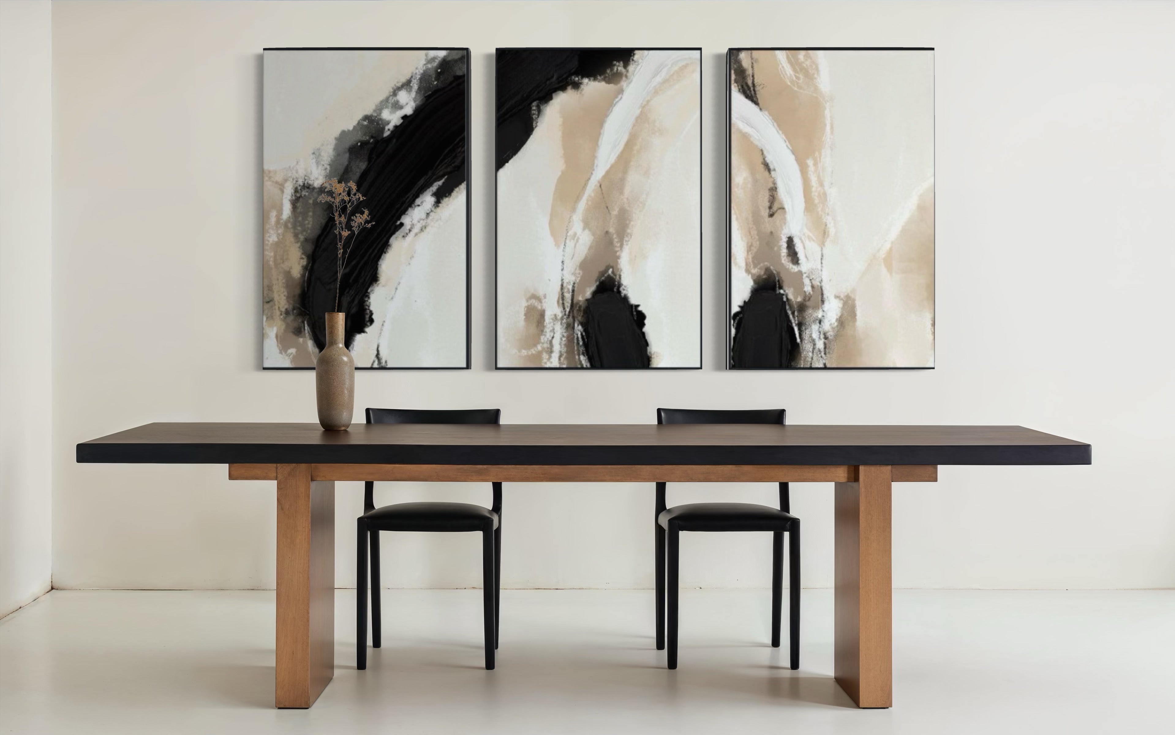 Set Cuadros Decorativos Abstracto Negro Arena 2-212 -Triptico Moderno y Elegante en Tonos Negro y Beige Arte Minimalista Estilo Nordico