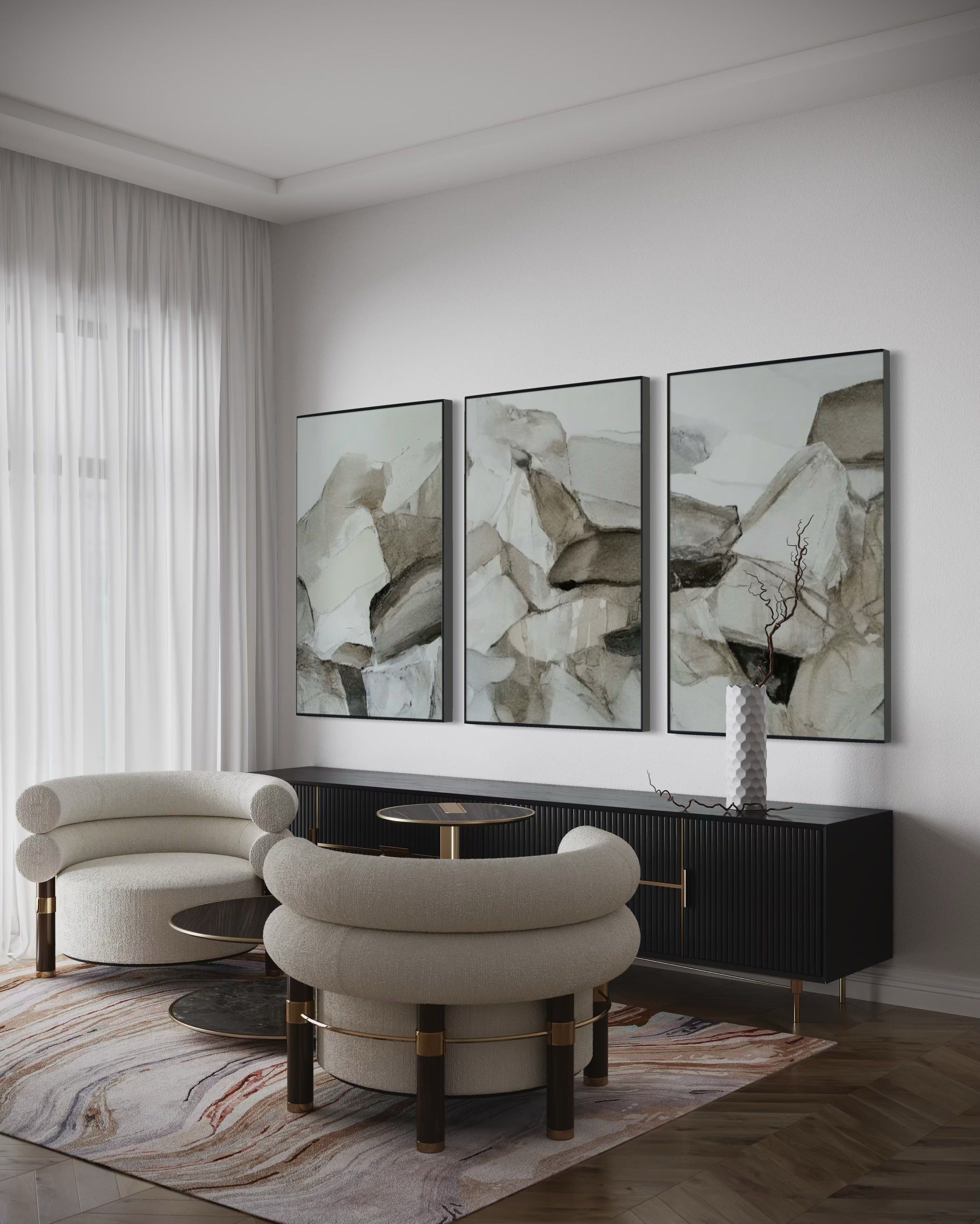 Set Cuadros Decorativos Abstracto Negro Arena 2 - 202 - Triptico Minimalista Estilo Boho Arte Nordico en Tonos Neutros