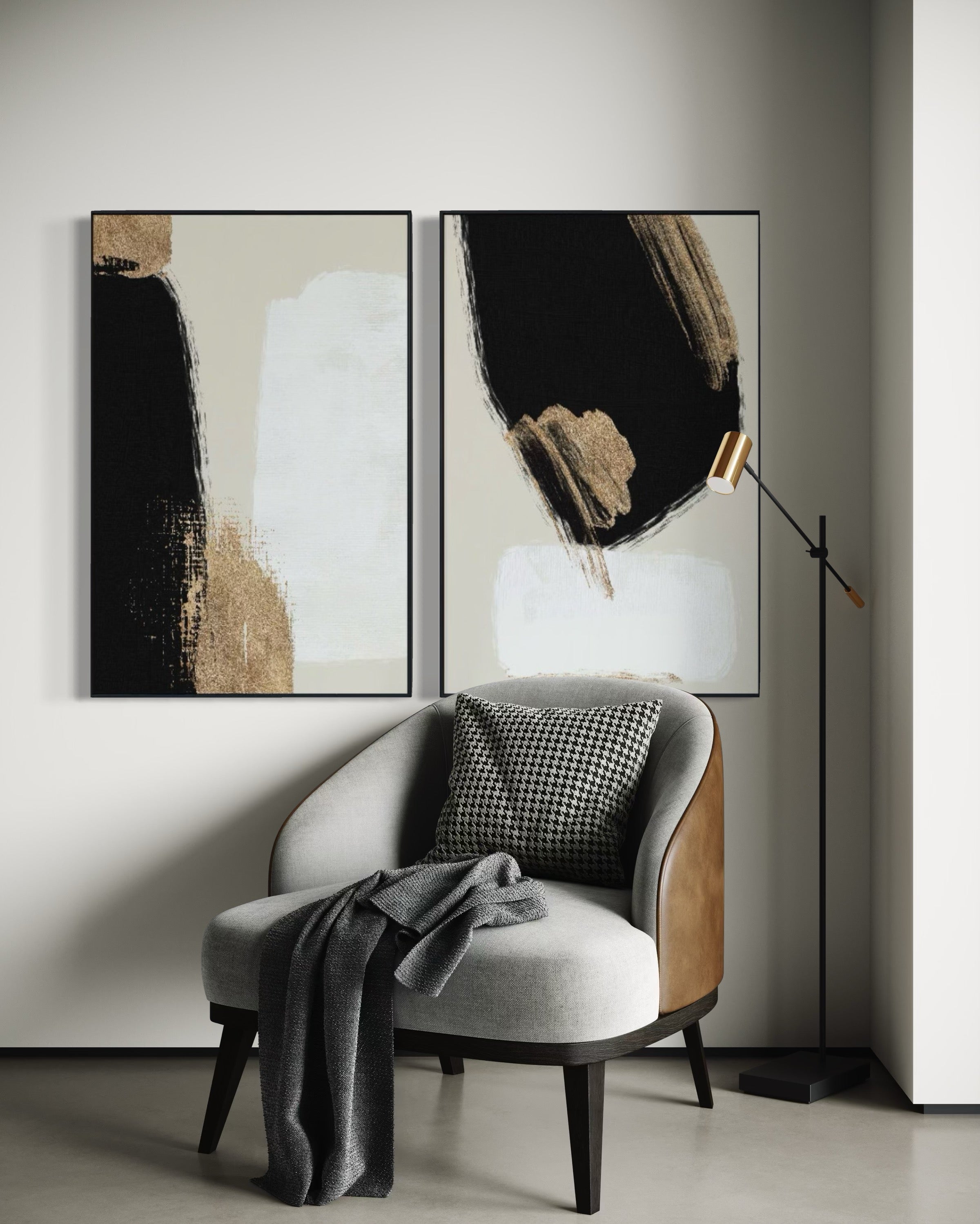 Set Cuadros Decorativos Abstracto Negro Arena 2 - 214 - Diptico Moderno y Elegante Arte Estilo Nordico en Tonos Neutros con Dorado Oro