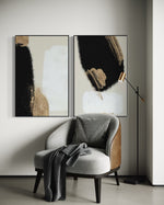 Cargar imagen en el visor de la galería, Set Cuadros Decorativos Abstracto Negro Arena 2 - 214 - Diptico Moderno y Elegante Arte Estilo Nordico en Tonos Neutros con Dorado Oro
