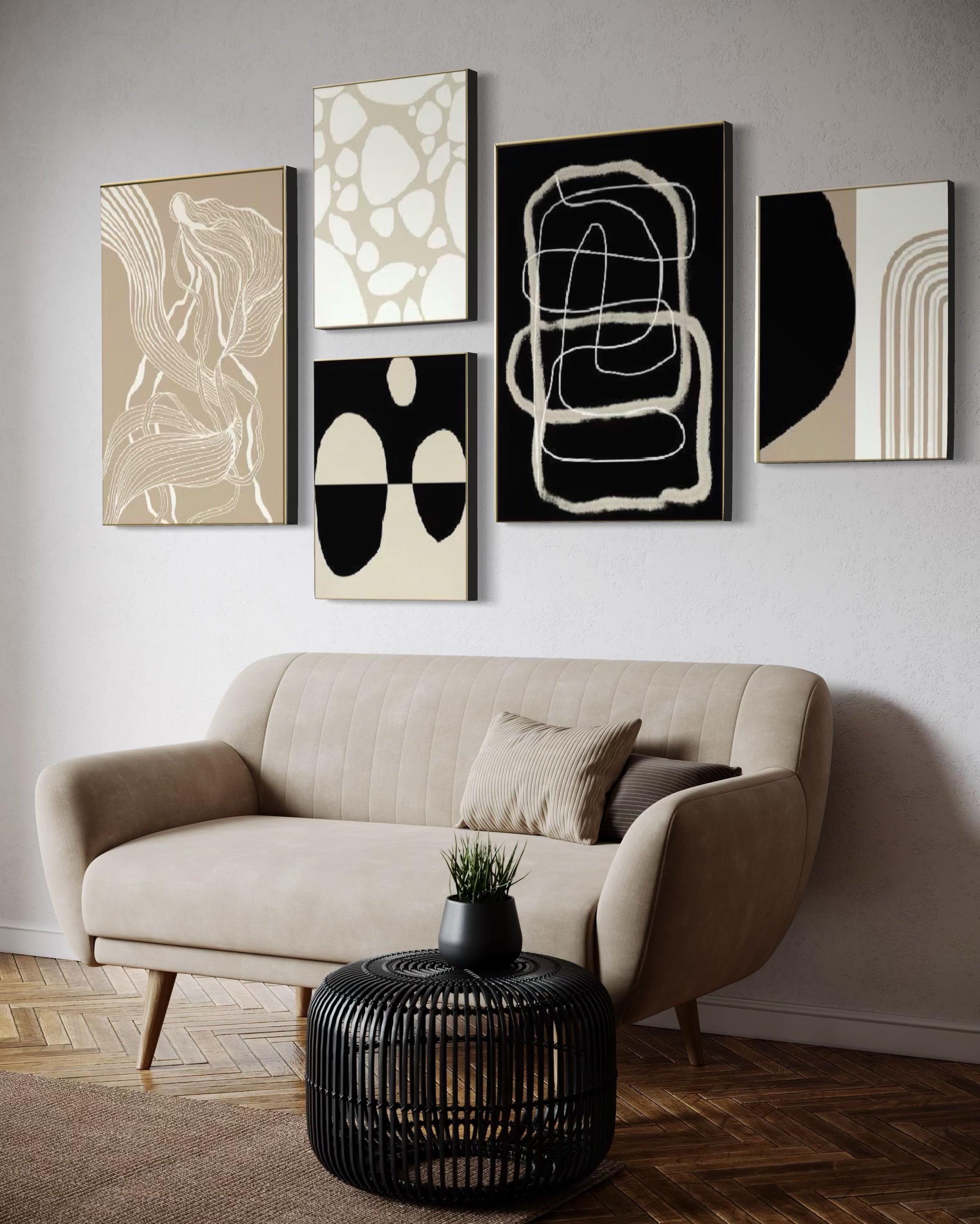 Set Cuadros Decorativos Abstracto Negro Arena 2 - 230A- 5piezas Arte Moderno Estilo Nordico Tonos Neutros